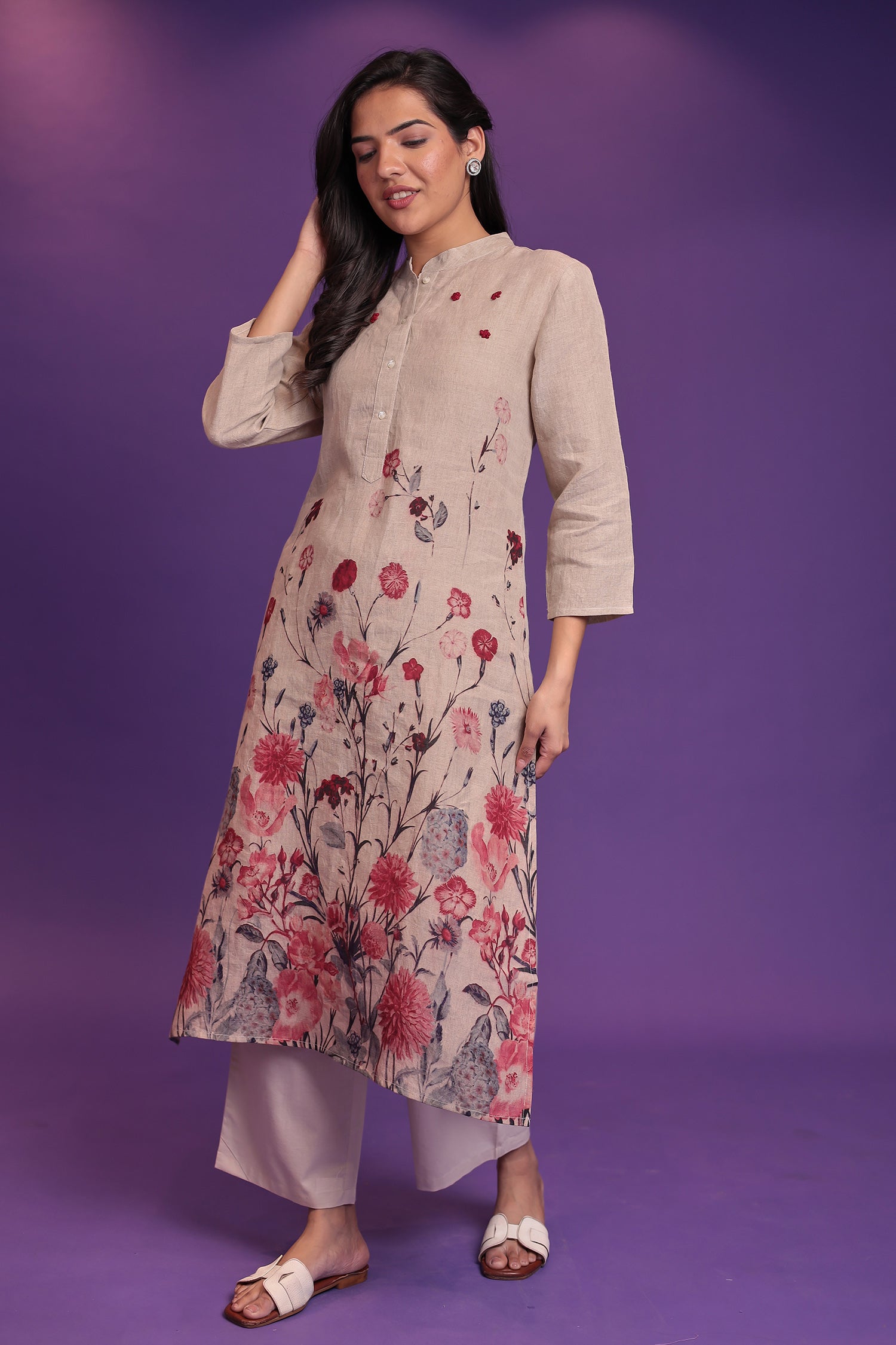 Printed Linen Kurta Set Stitched  with Thread work