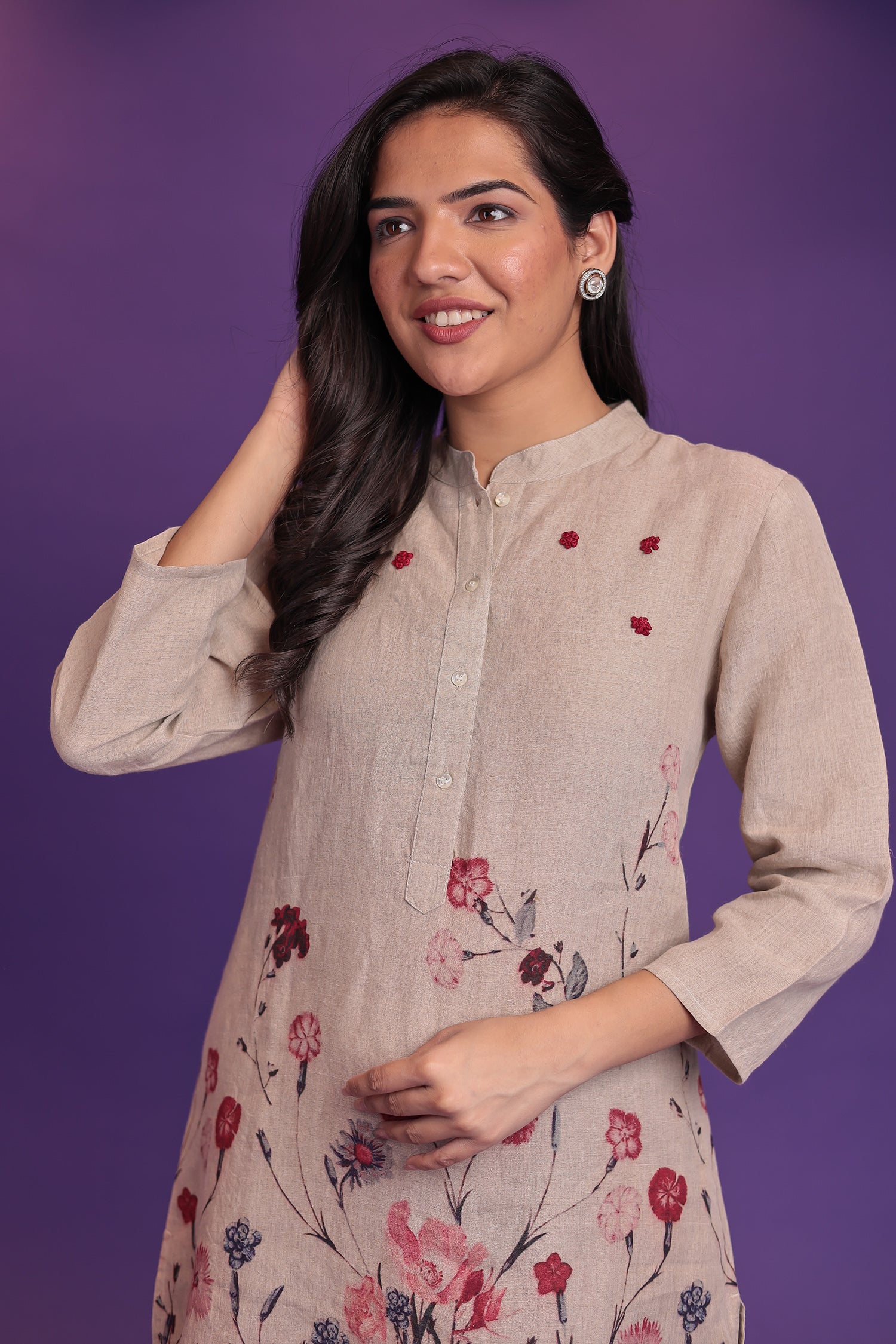 Printed Linen Kurta Set Stitched  with Thread work