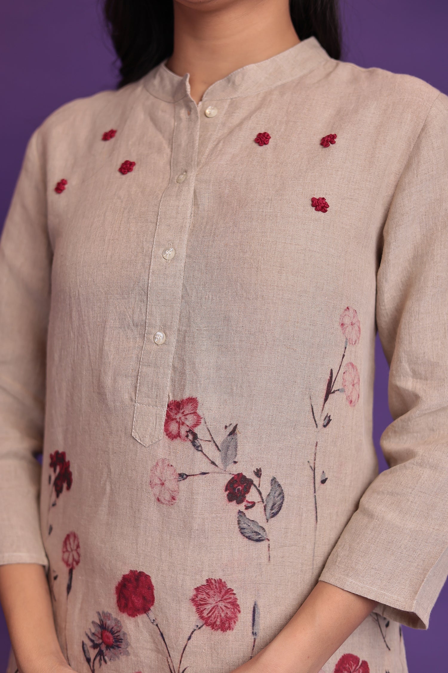 Printed Linen Kurta Set Stitched  with Thread work