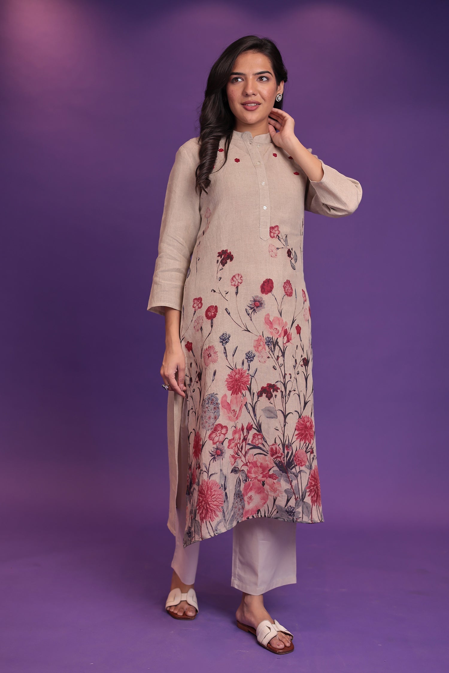 Printed Linen Kurta Set Stitched  with Thread work