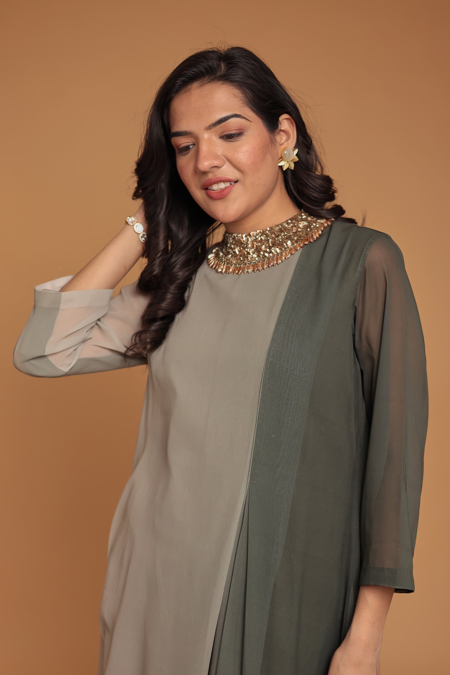 Shaded Georgette Indowestern Embellished Neck with Sequins work