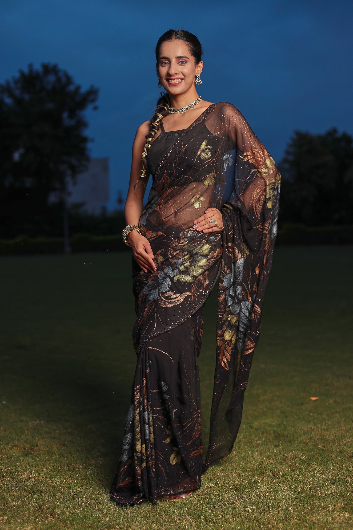 Foil Print Chiffon Saree with Swarovski work