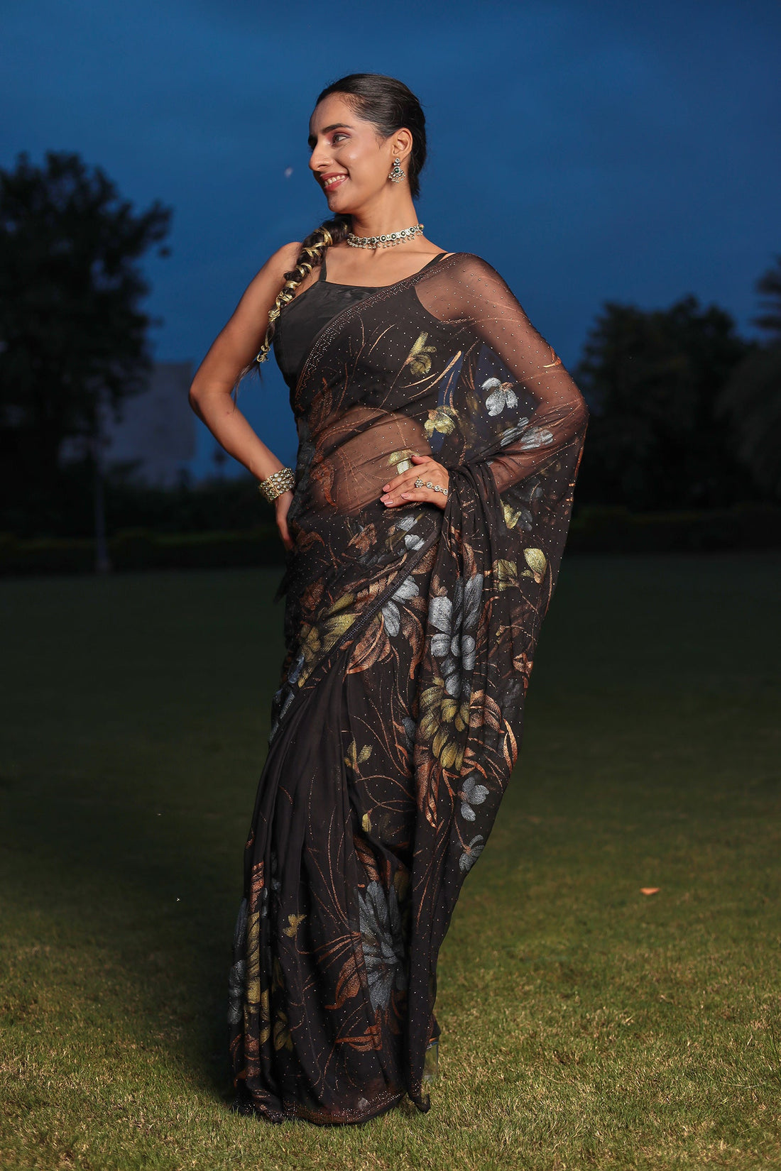 Foil Print Chiffon Saree with Swarovski work