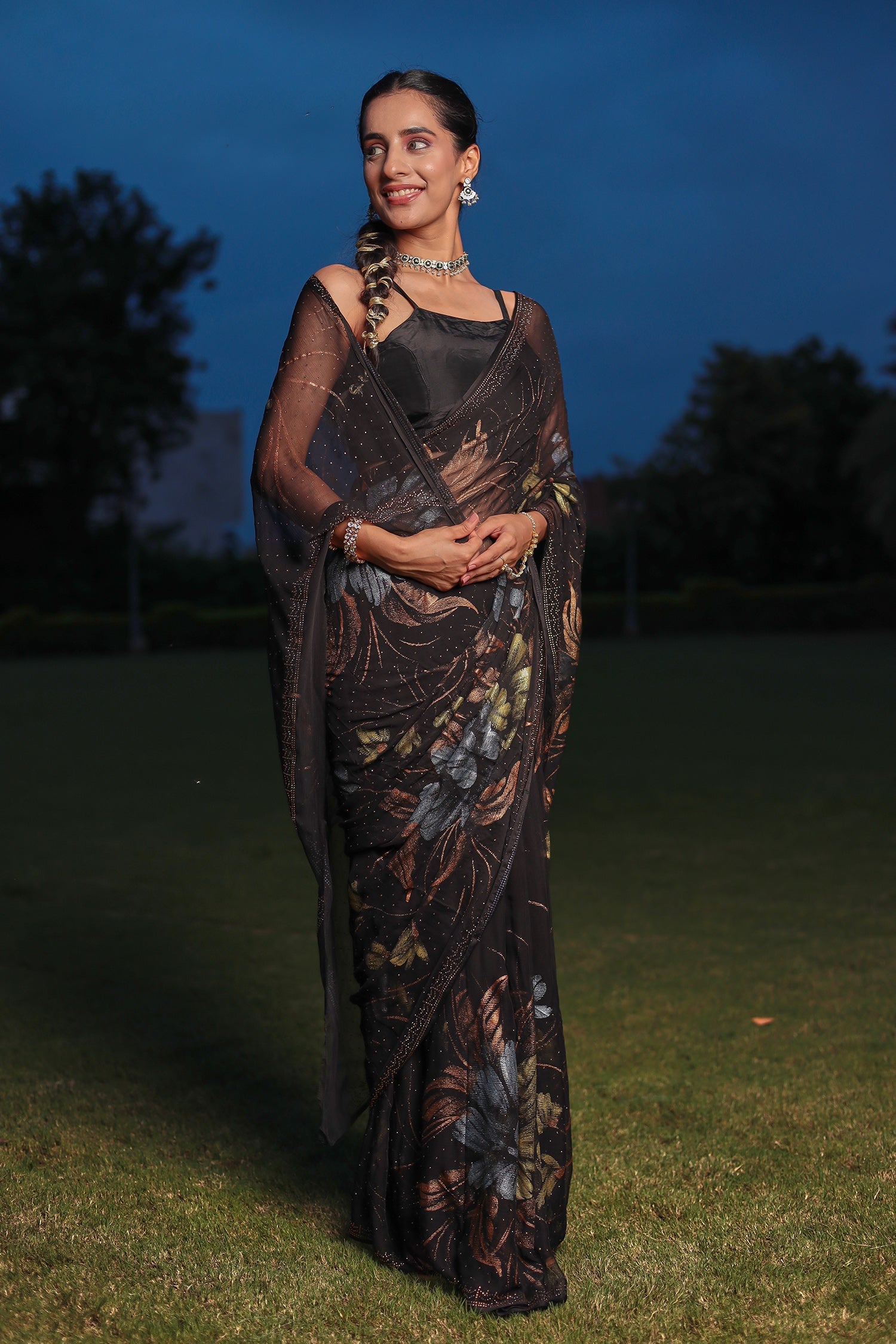 Foil Print Chiffon Saree with Swarovski work