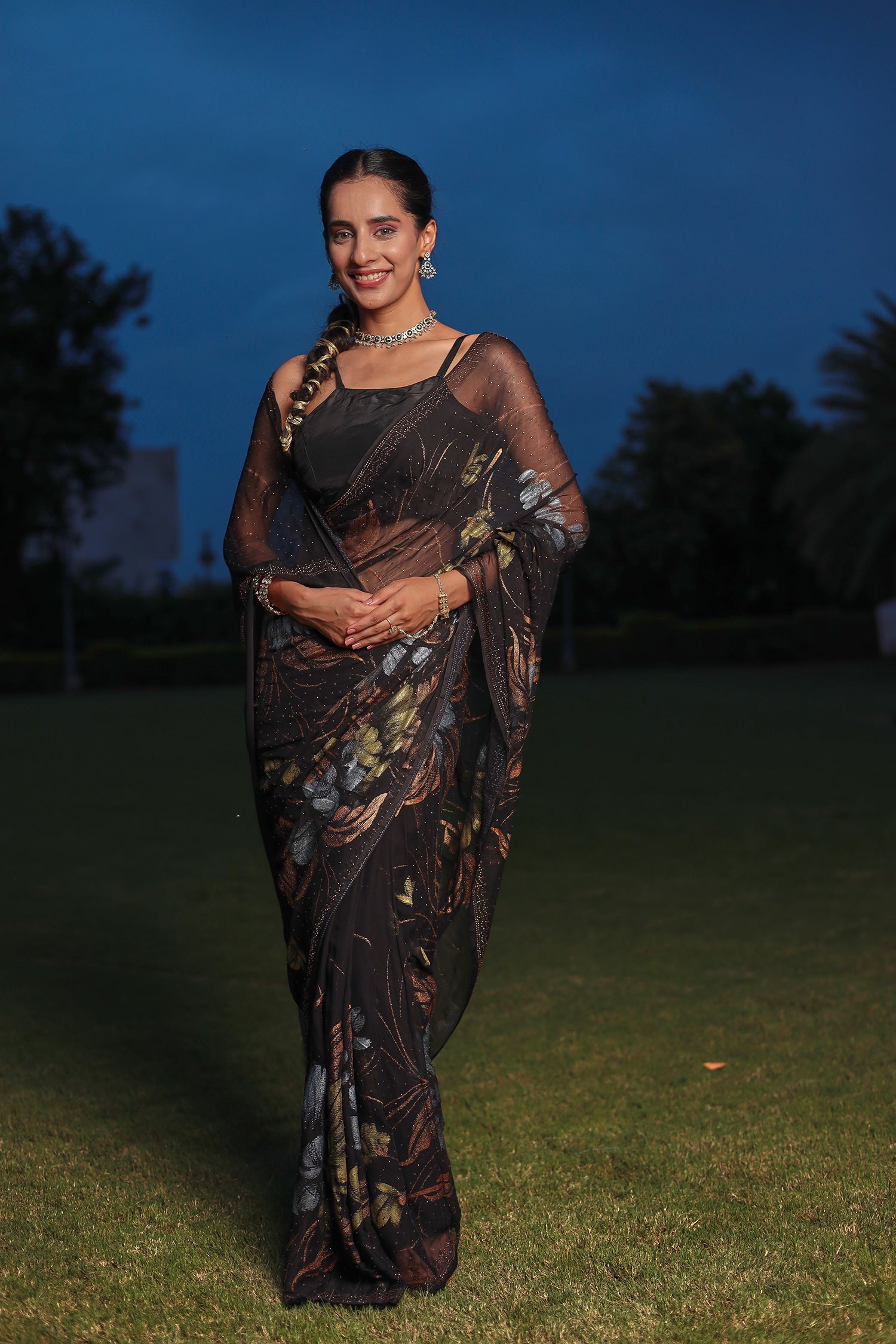 Chiffon Saree Adorned with Swarovski and Foil Print