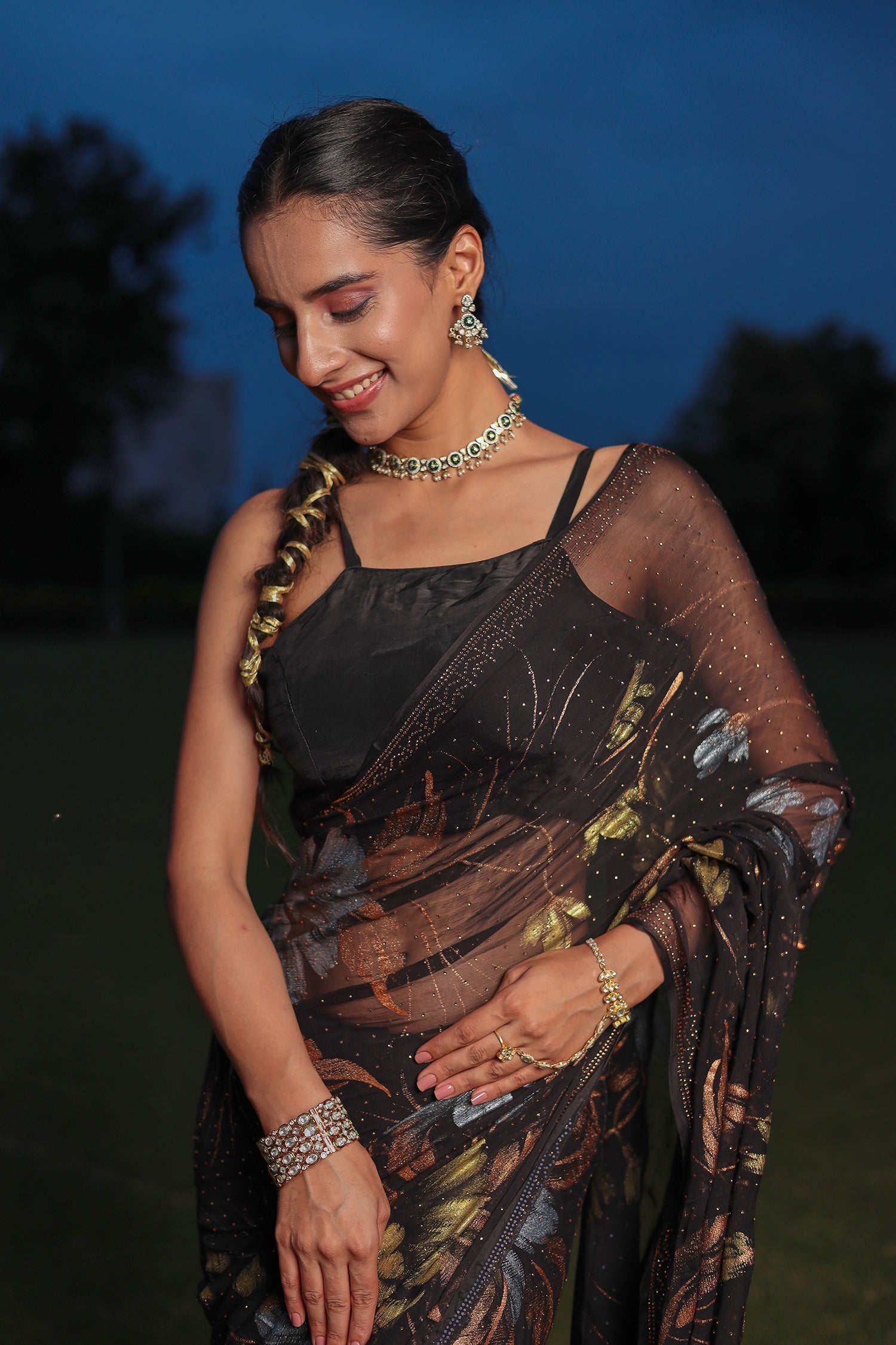 Foil Print Chiffon Saree with Swarovski work