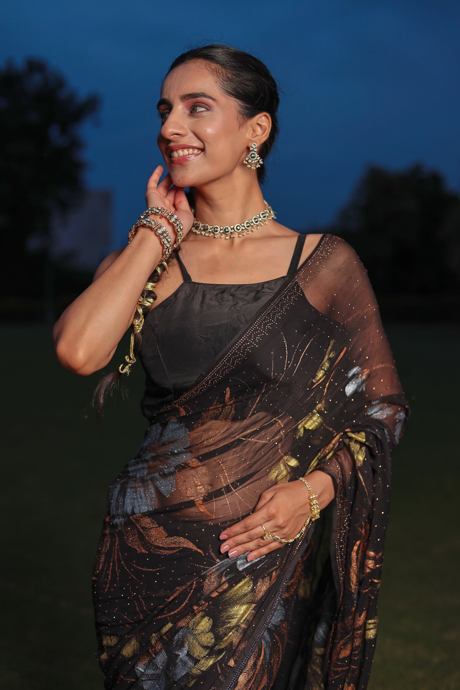 Chiffon Saree Adorned with Swarovski and Foil Print