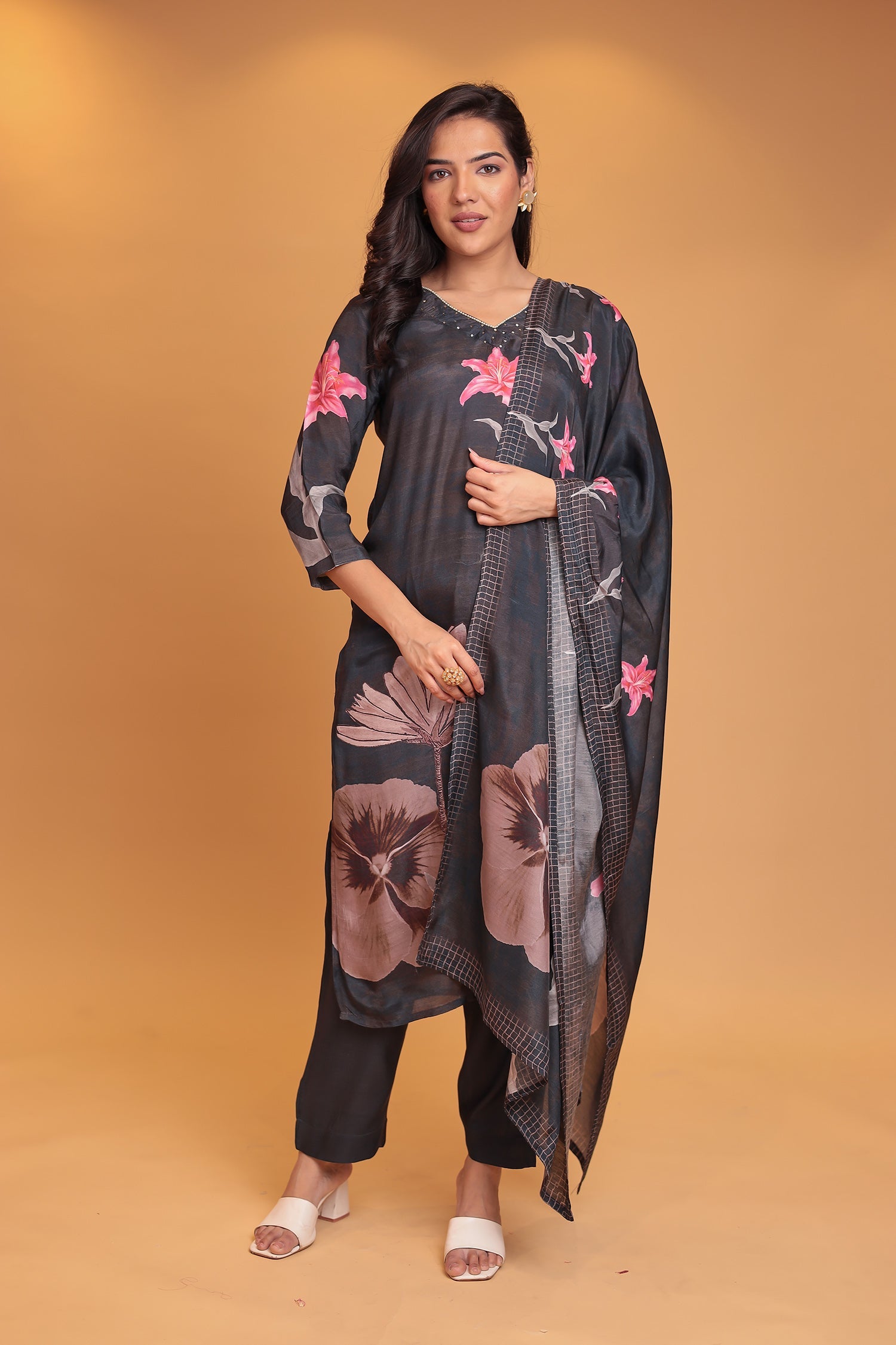 Printed Silk Blend Kurta Set with Pearl and Sequins work