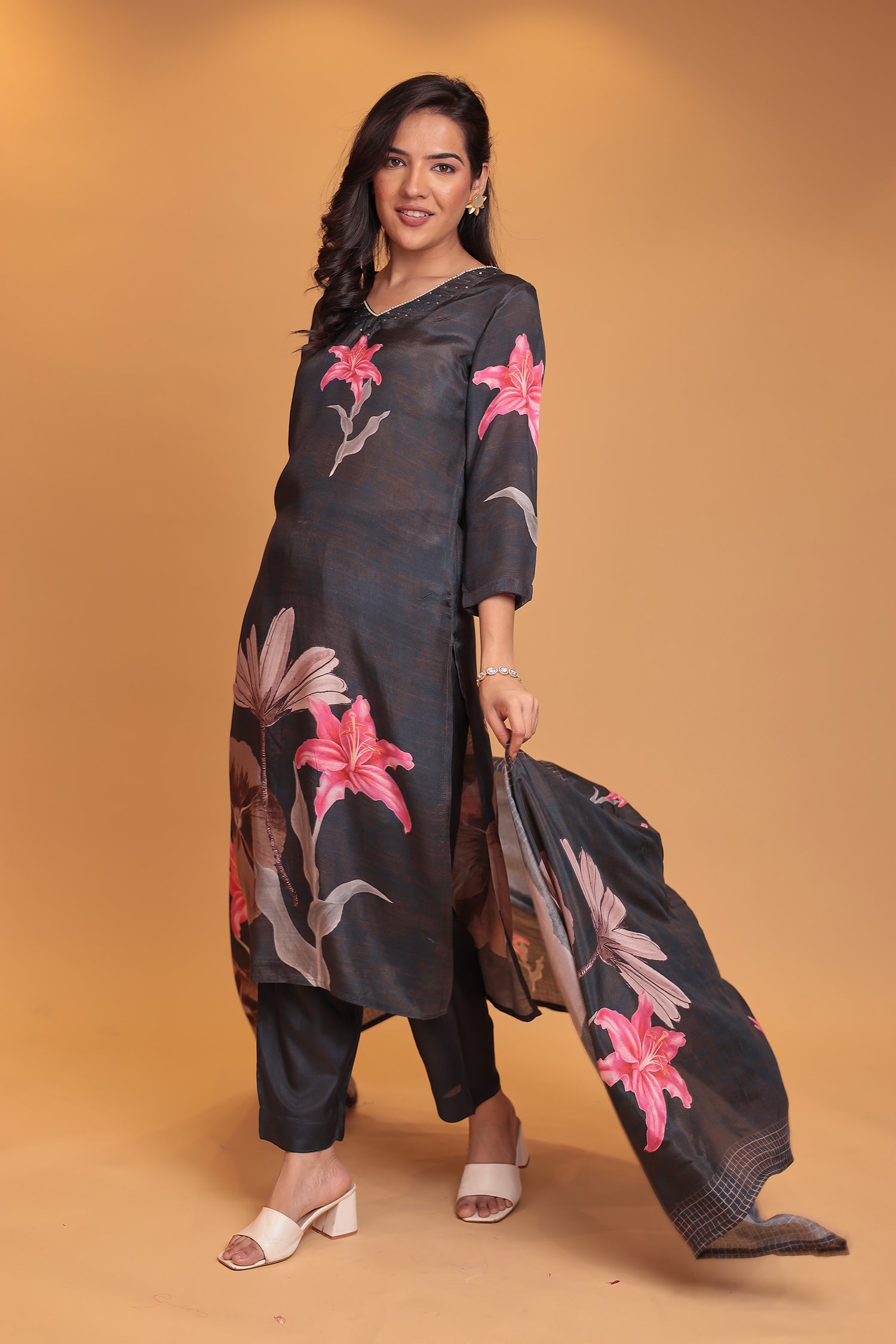 Printed Silk Blend Kurta Set with Pearl and Sequins work