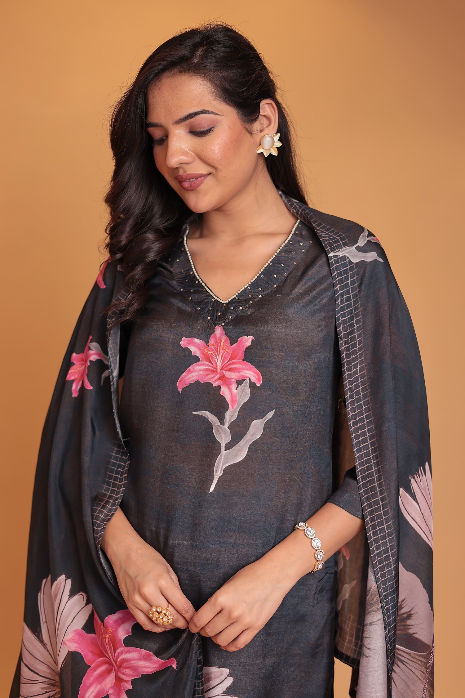 Printed Silk Blend Kurta Set with Pearl and Sequins work