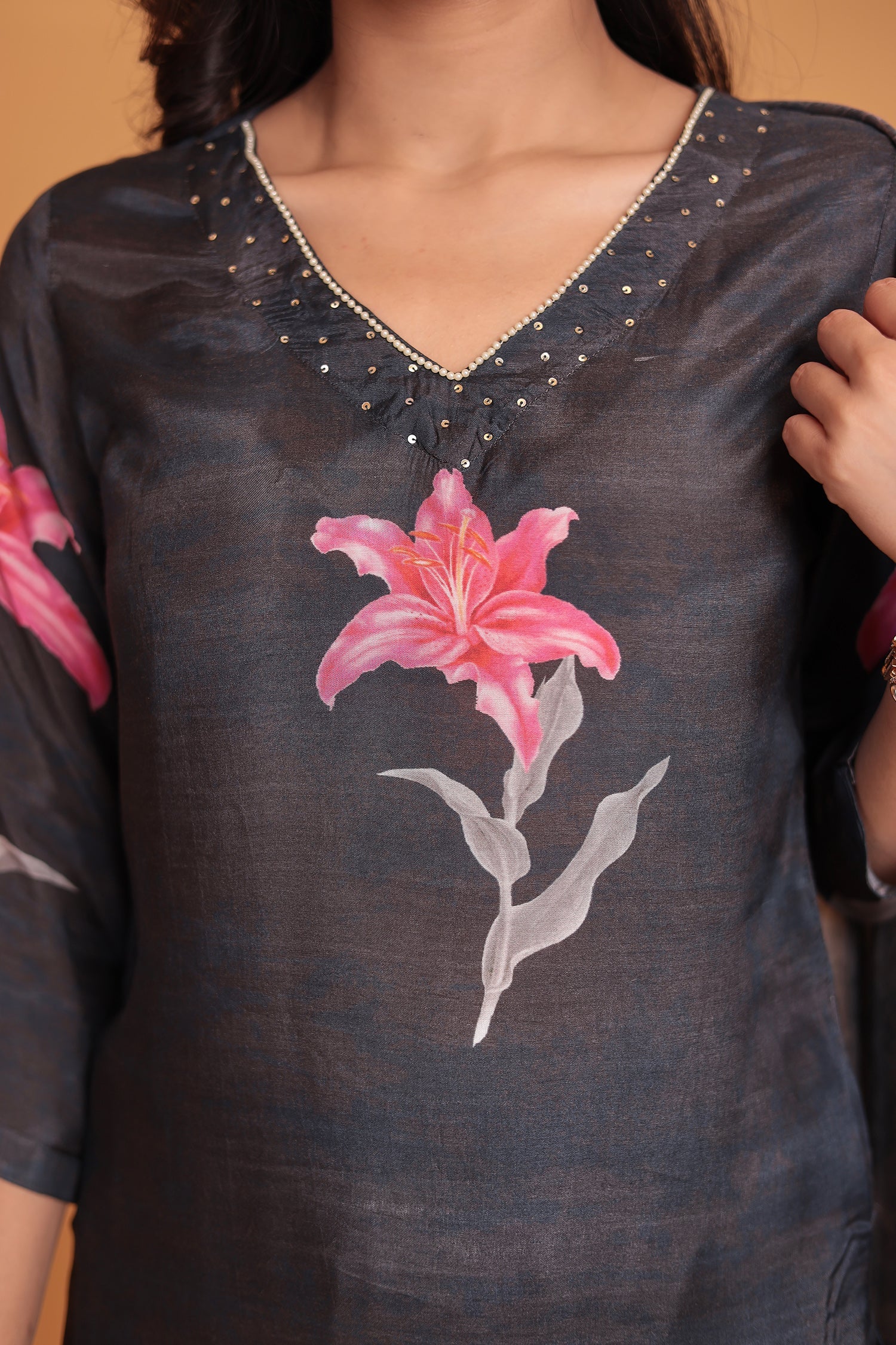 Printed Silk Blend Kurta Set with Pearl and Sequins work