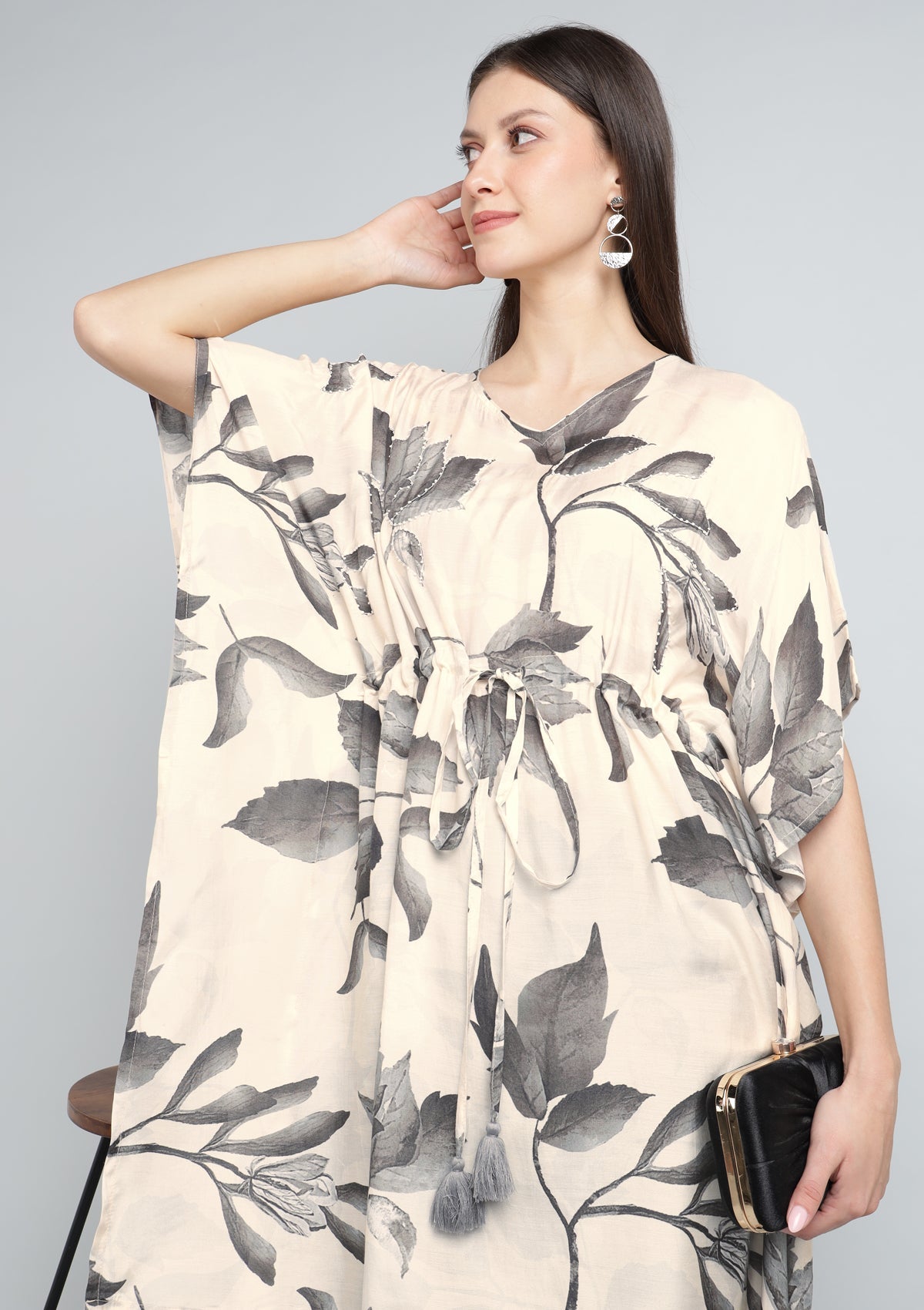 Printed Silk Blend Kaftan Embellished with Pearl work