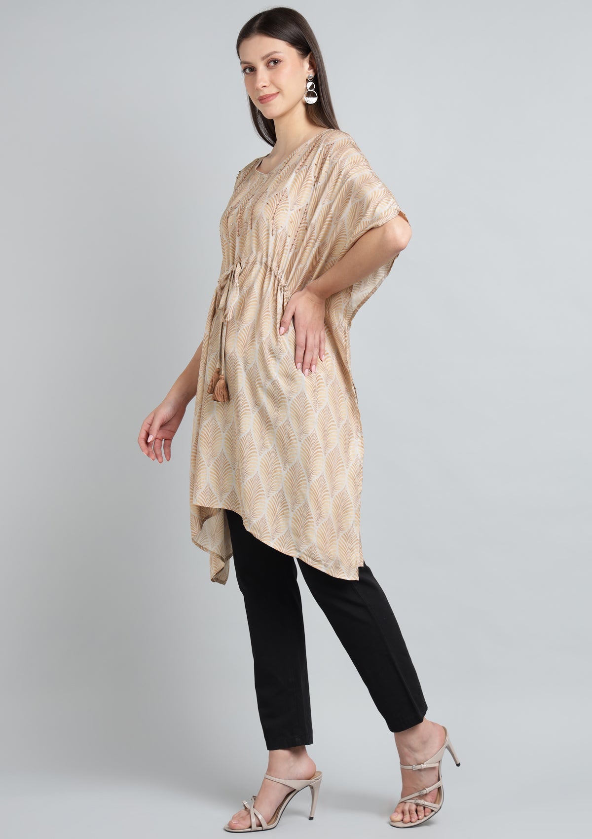 Printed Silk Blend Kaftan with Thread Embroidery