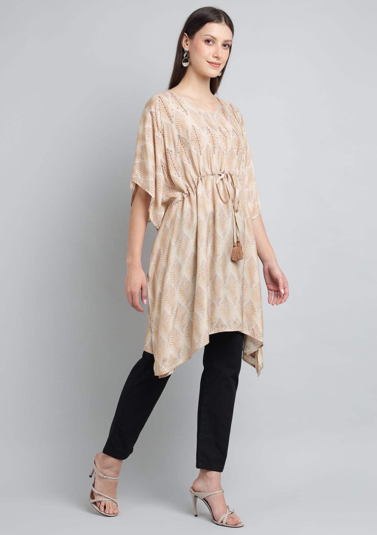 Printed Silk Blend Kaftan with Thread Embroidery