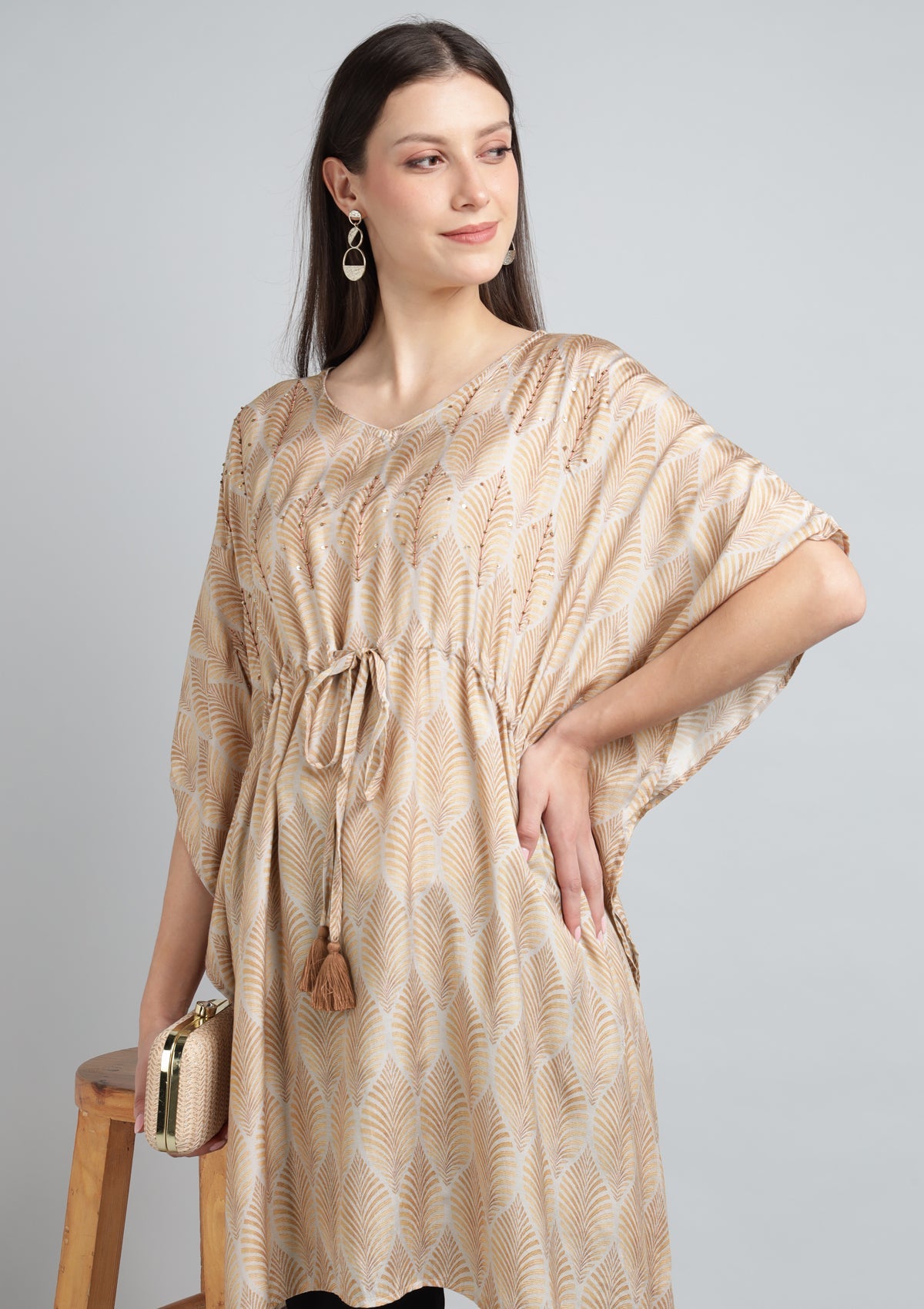 Printed Silk Blend Kaftan with Thread Embroidery