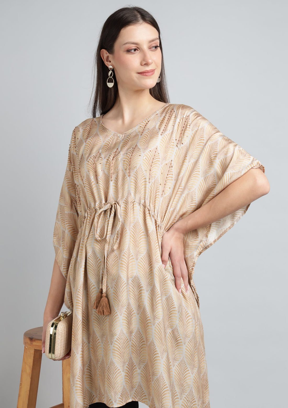Printed Silk Blend Kaftan with Thread Embroidery