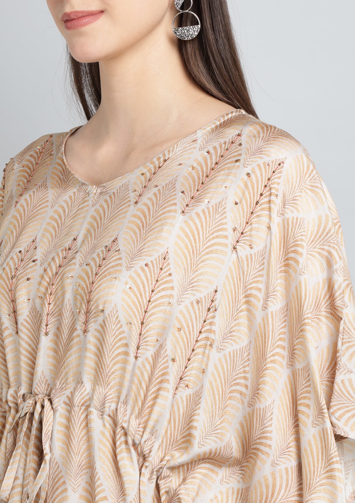 Printed Silk Blend Kaftan with Thread Embroidery
