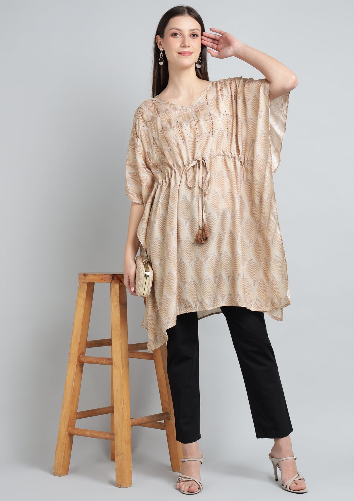 Printed Silk Blend Kaftan with Thread Embroidery