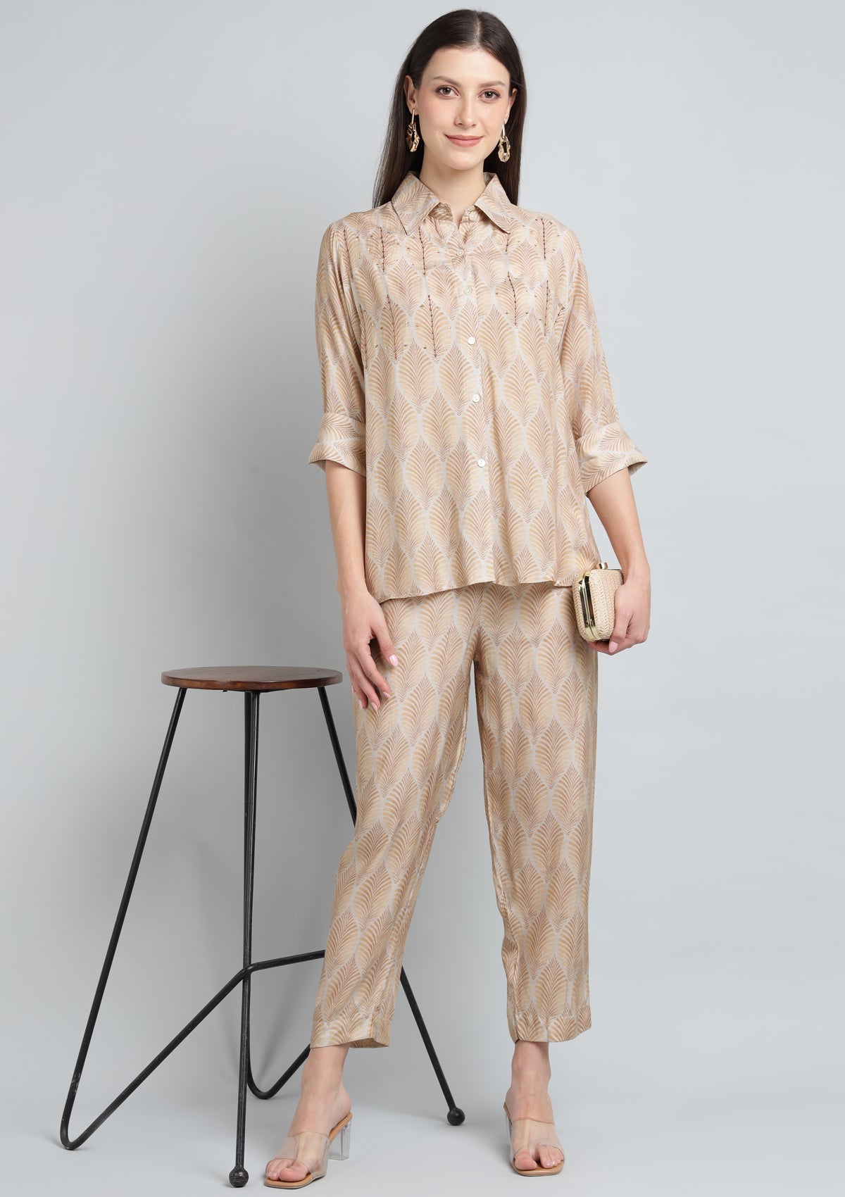 Printed Silk Blend Co Ord Set with Thread work.