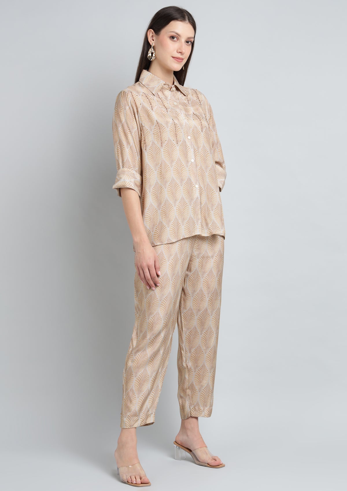 Printed Silk Blend Co Ord Set with Thread work.