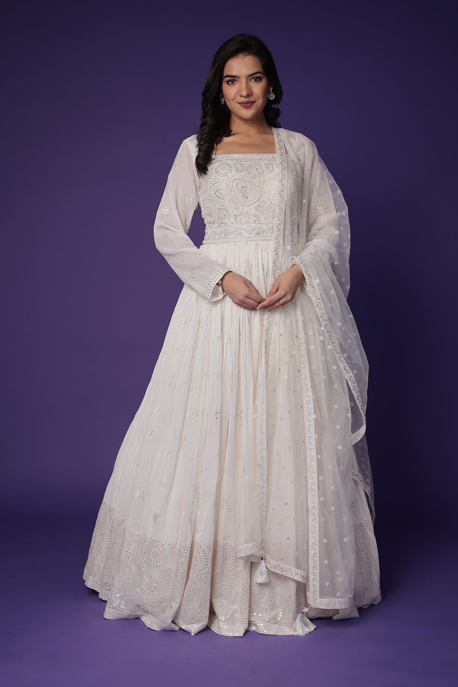 Floor Length Georgette Gown Embellished with Mirror, Sequins and Thread work