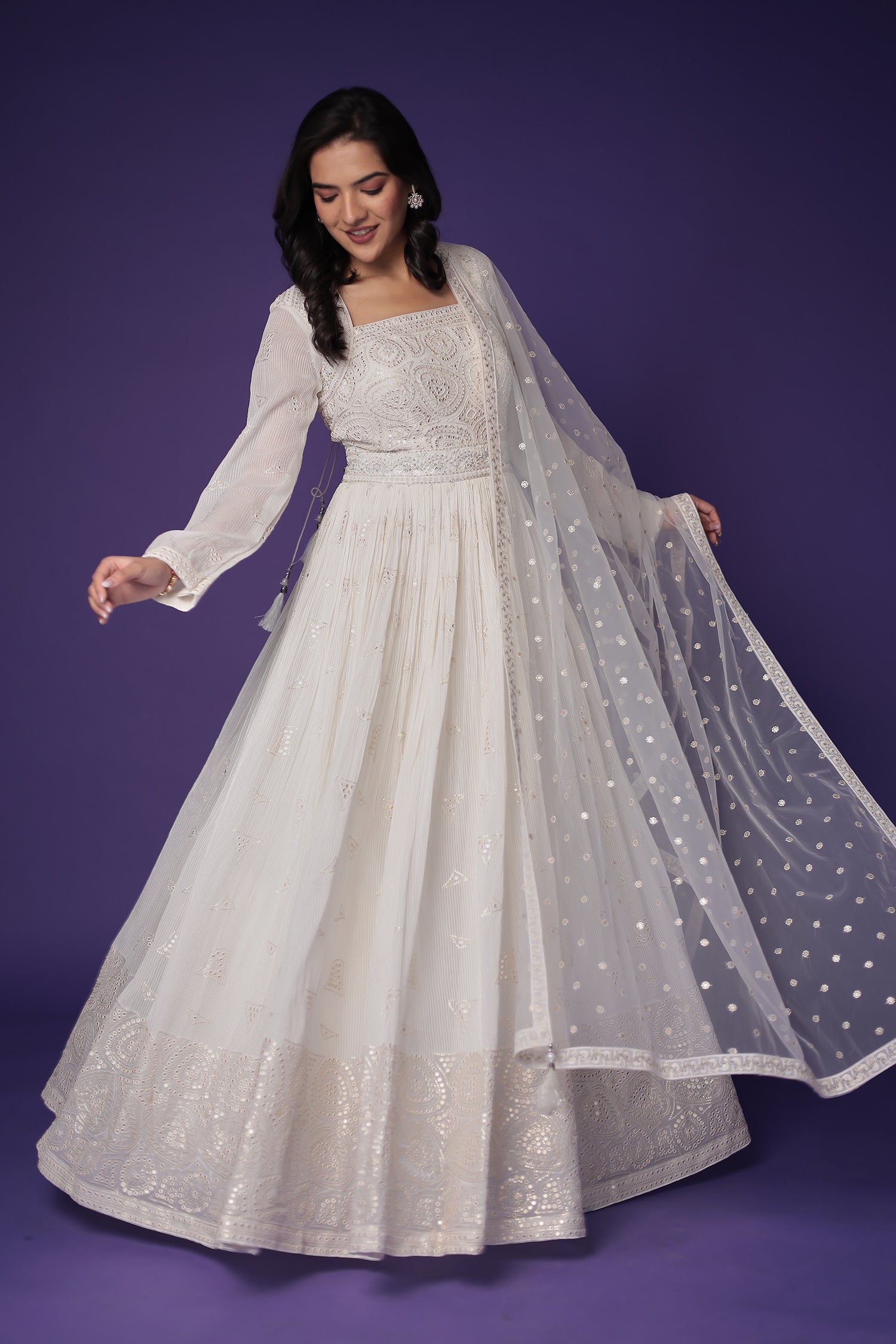 Floor Length Georgette Gown Embellished with Mirror, Sequins and Thread work