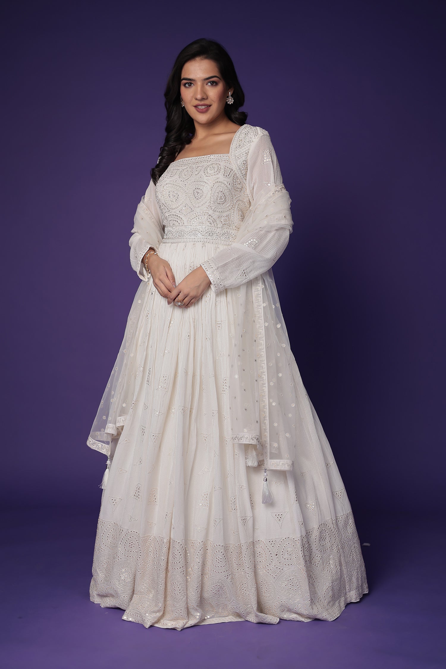 Floor Length Georgette Gown Embellished with Mirror, Sequins and Thread work