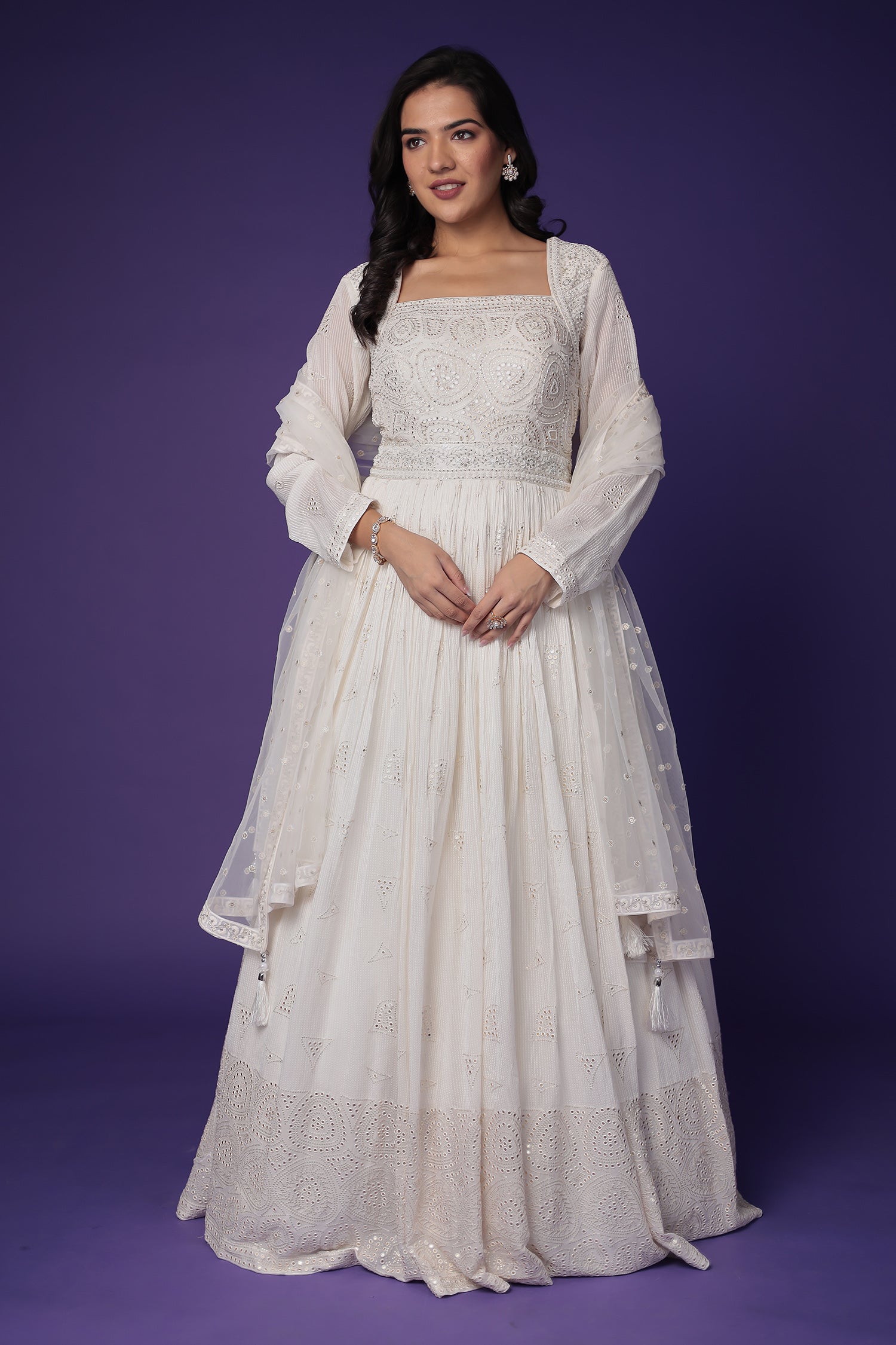 Floor Length Georgette Gown Embellished with Mirror, Sequins and Thread work