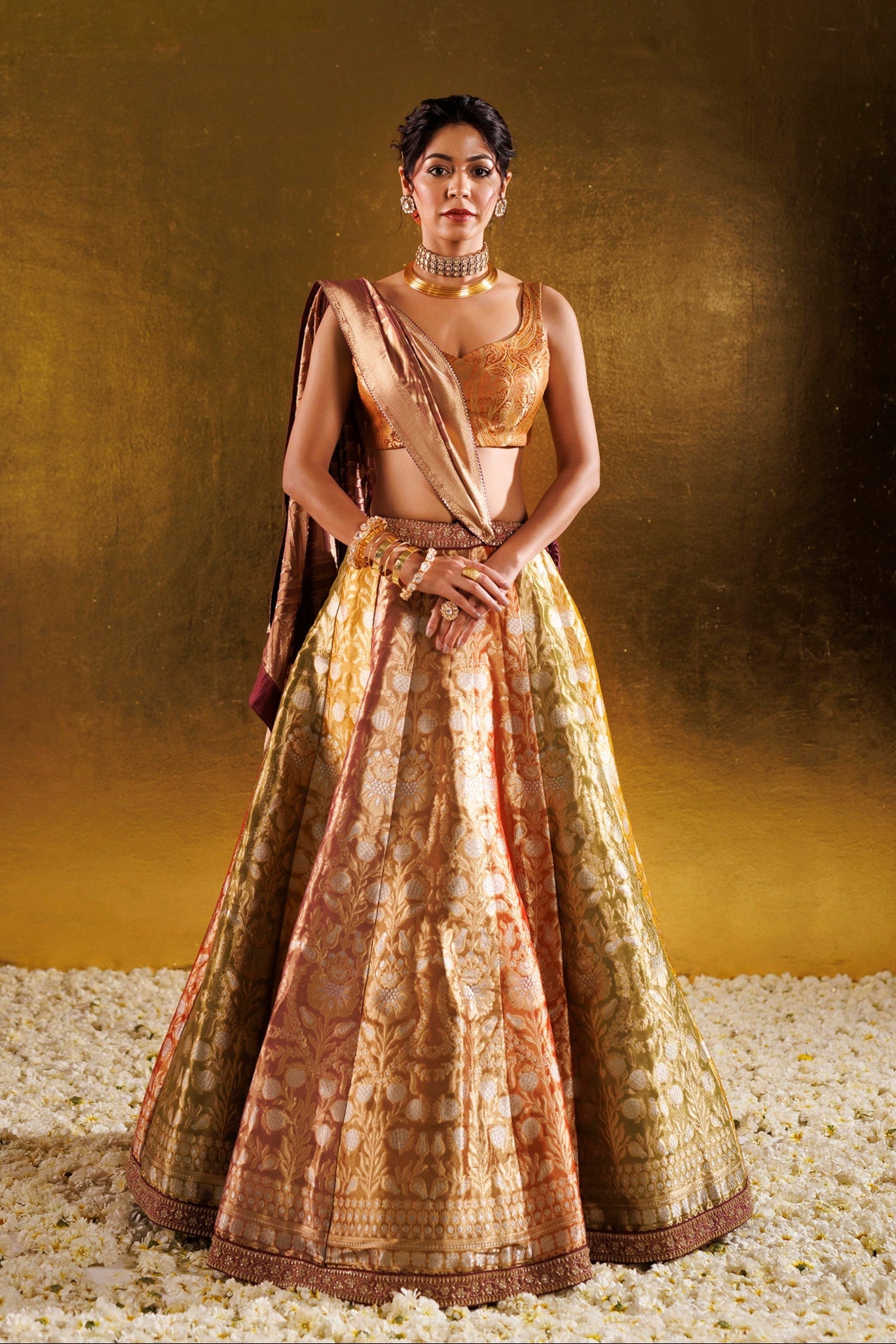 Handloom Tissue Lehenga with Aari and Cutdana work