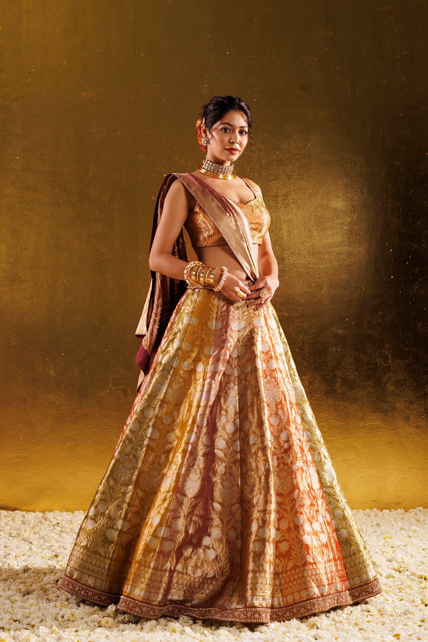 Handloom Tissue Lehenga with Aari and Cutdana work