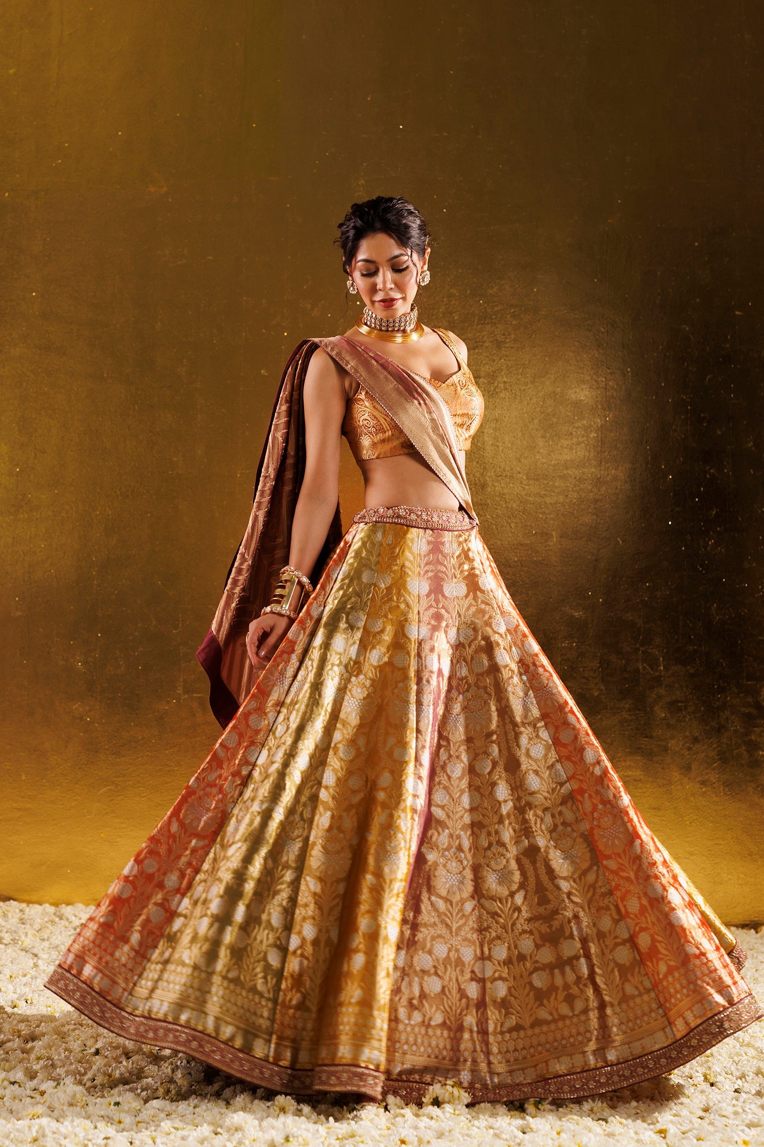 Handloom Tissue Lehenga with Aari and Cutdana work