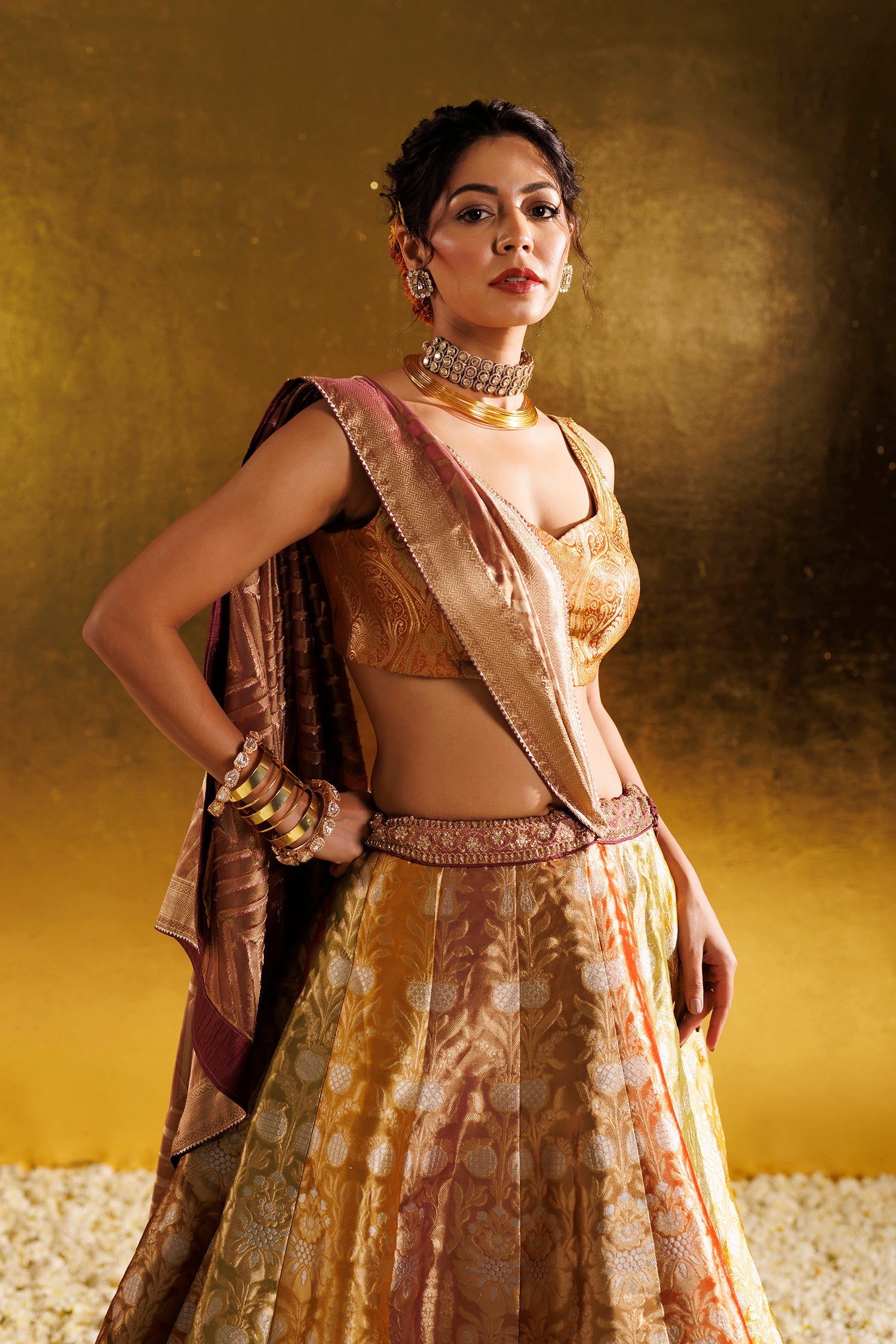 Handloom Tissue Lehenga with Aari and Cutdana work