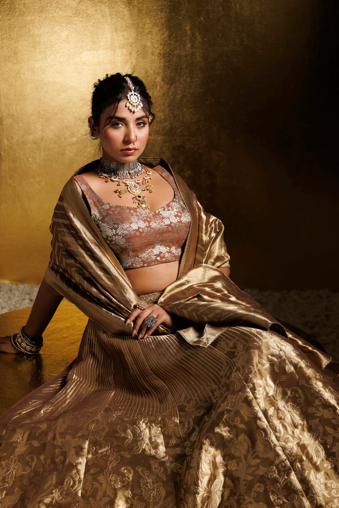 Handloom Tissue Lehenga with Aari and Cutdana work