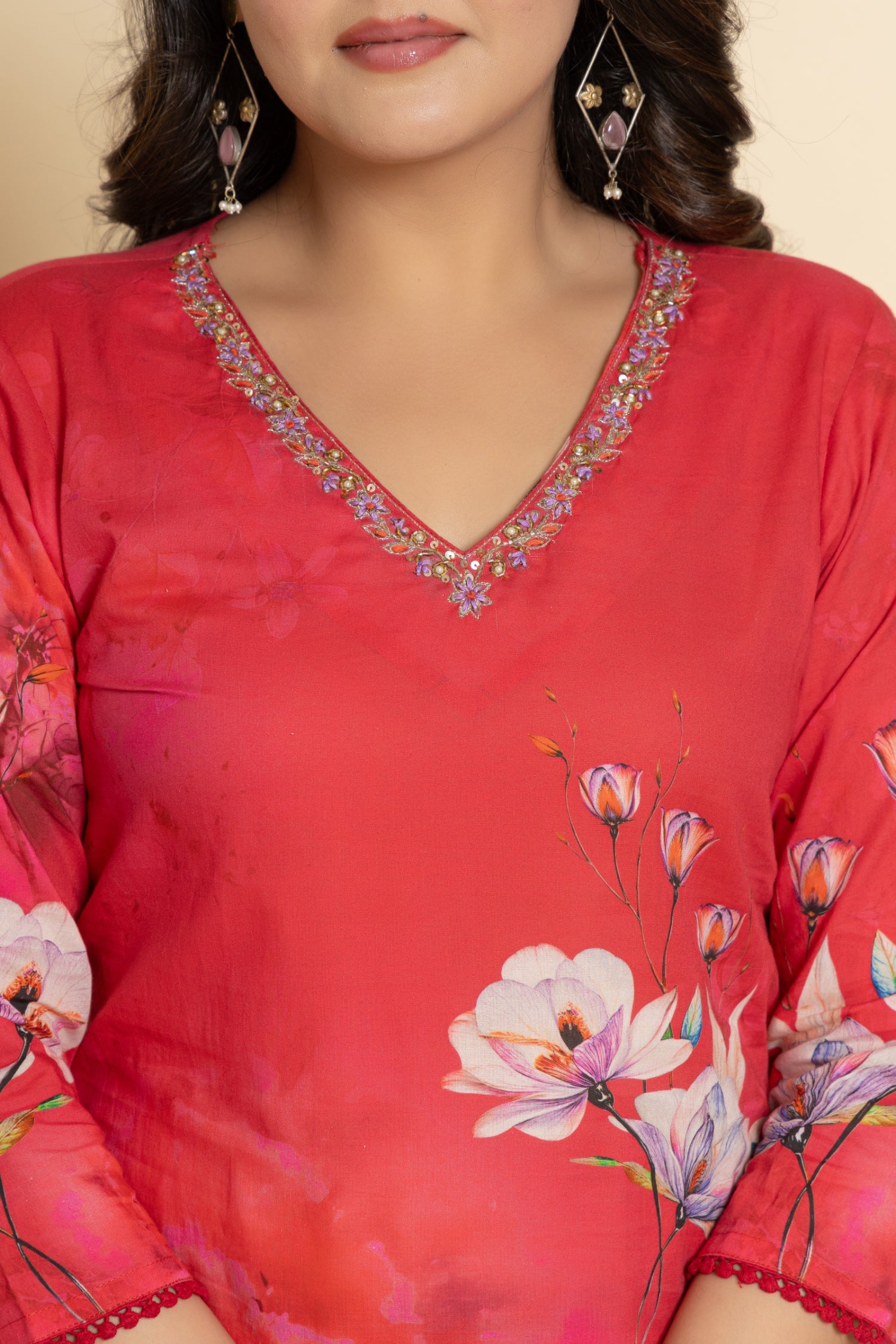 Printed Cotton Kurta Set Stitched with Cutdana, Sequins and Thread work
