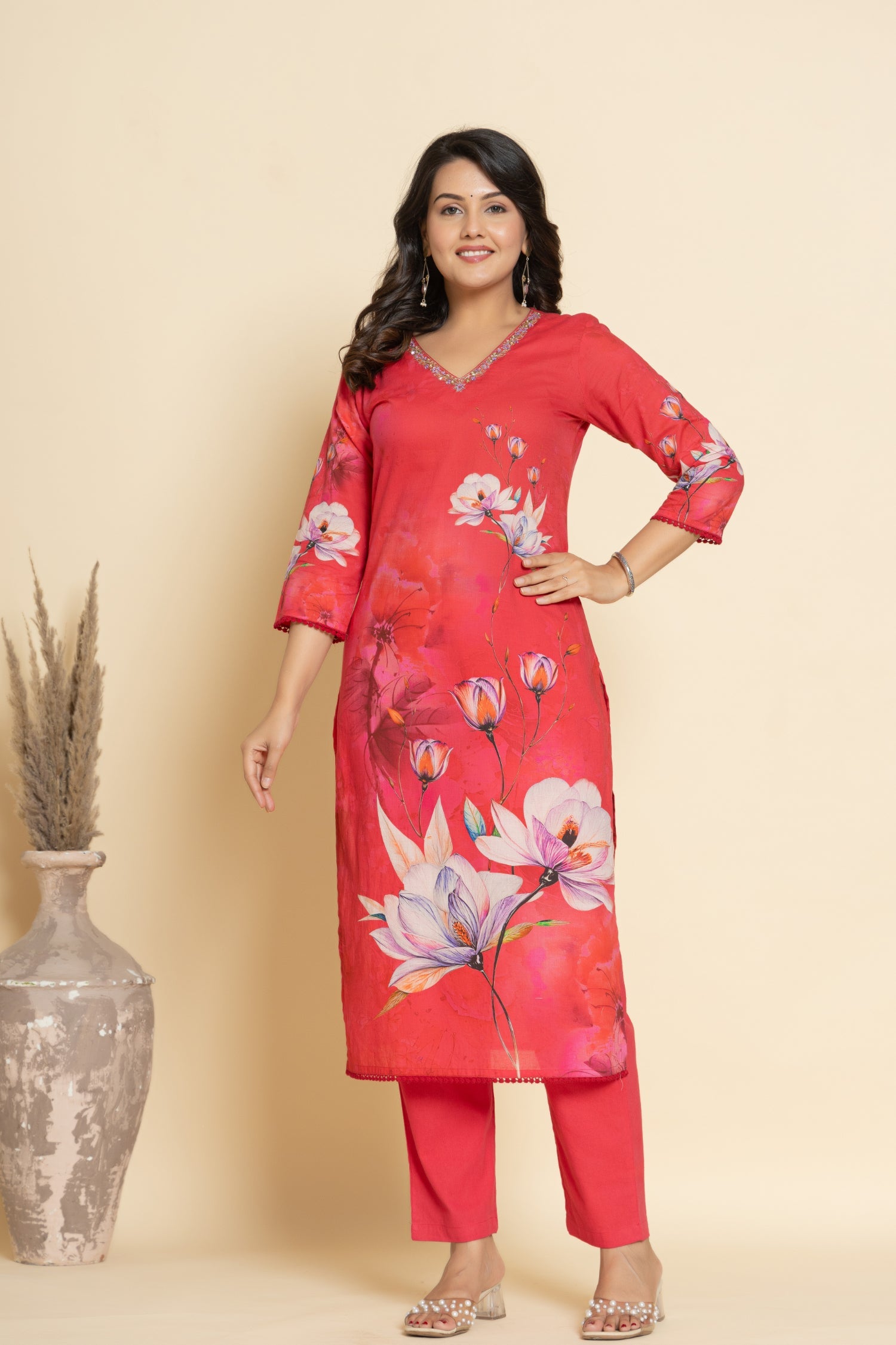 Printed Cotton Kurta Set Stitched with Cutdana, Sequins and Thread work