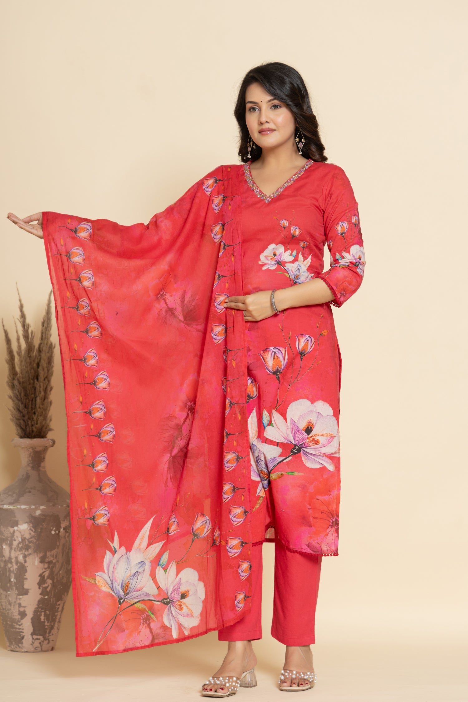 Printed Cotton Kurta Set Stitched with Cutdana, Sequins and Thread work