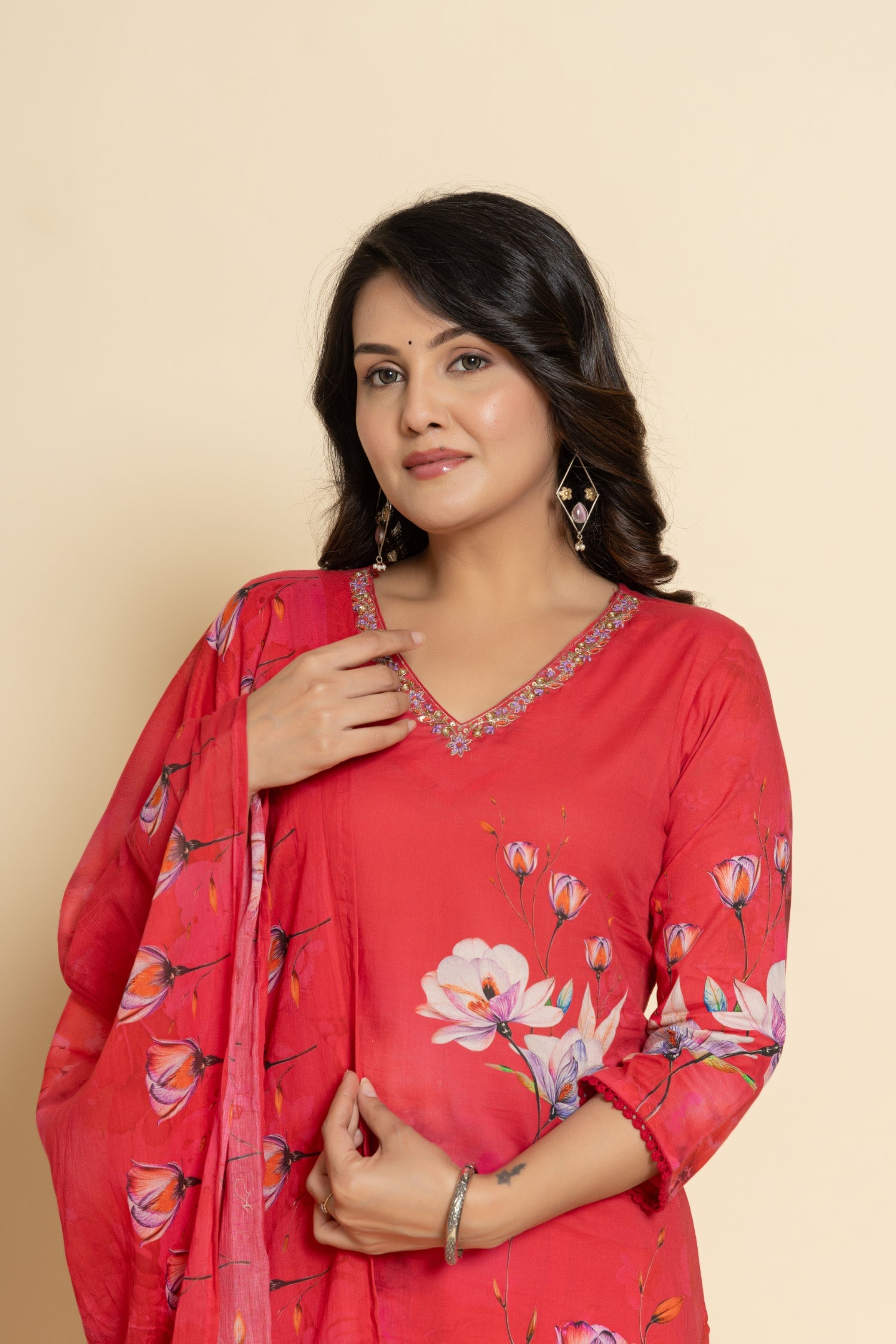 Printed Cotton Kurta Set Stitched with Cutdana, Sequins and Thread work