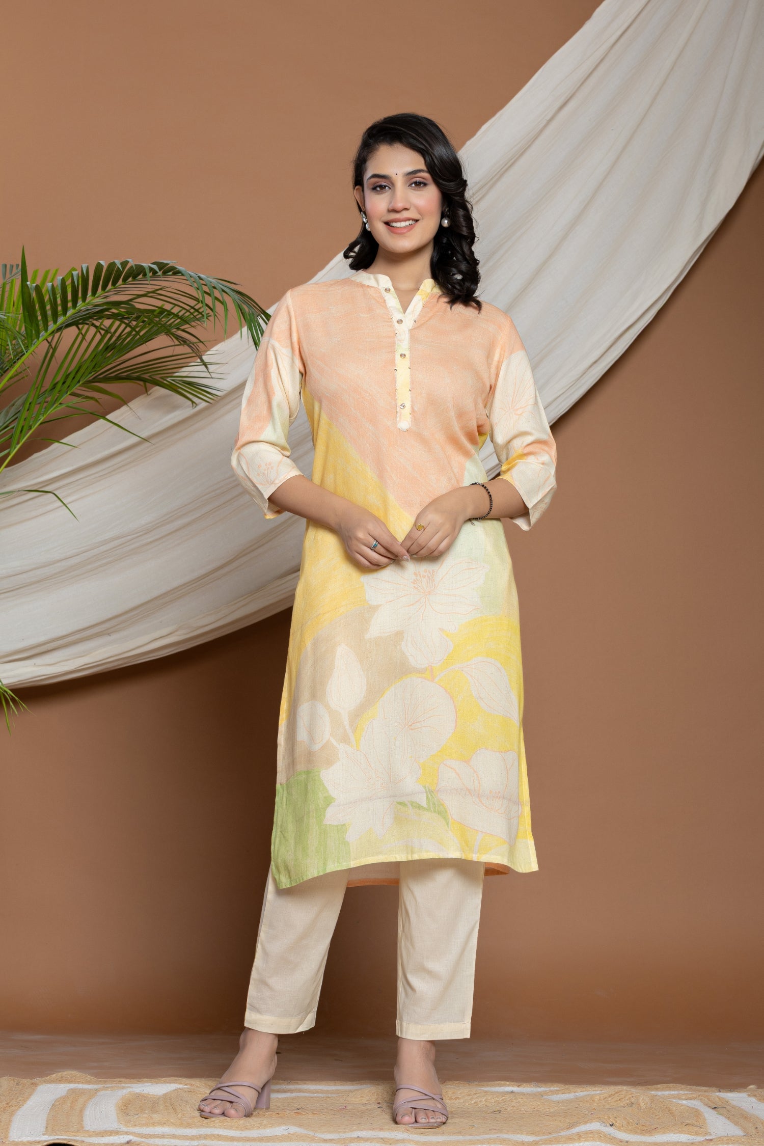 Printed Linen Kurta Stitched with Thread work