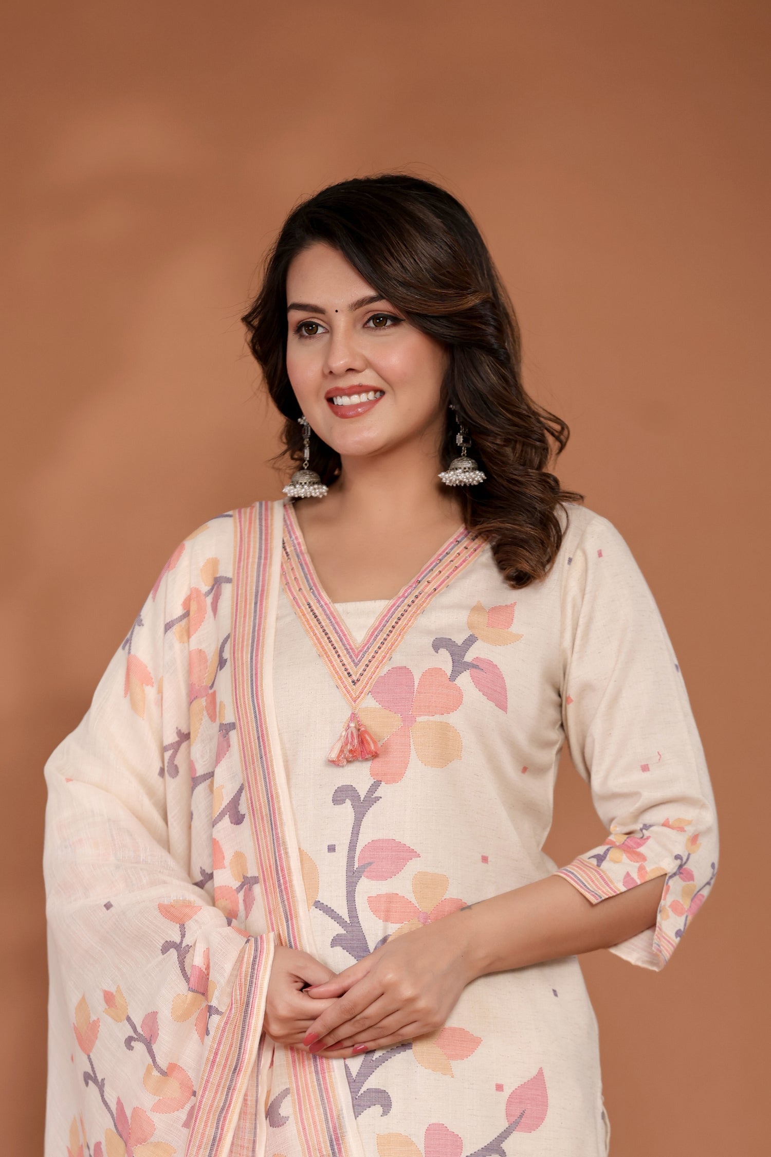 Printed Cotton Linen Kurta Set Stitched with Thread and Beads work
