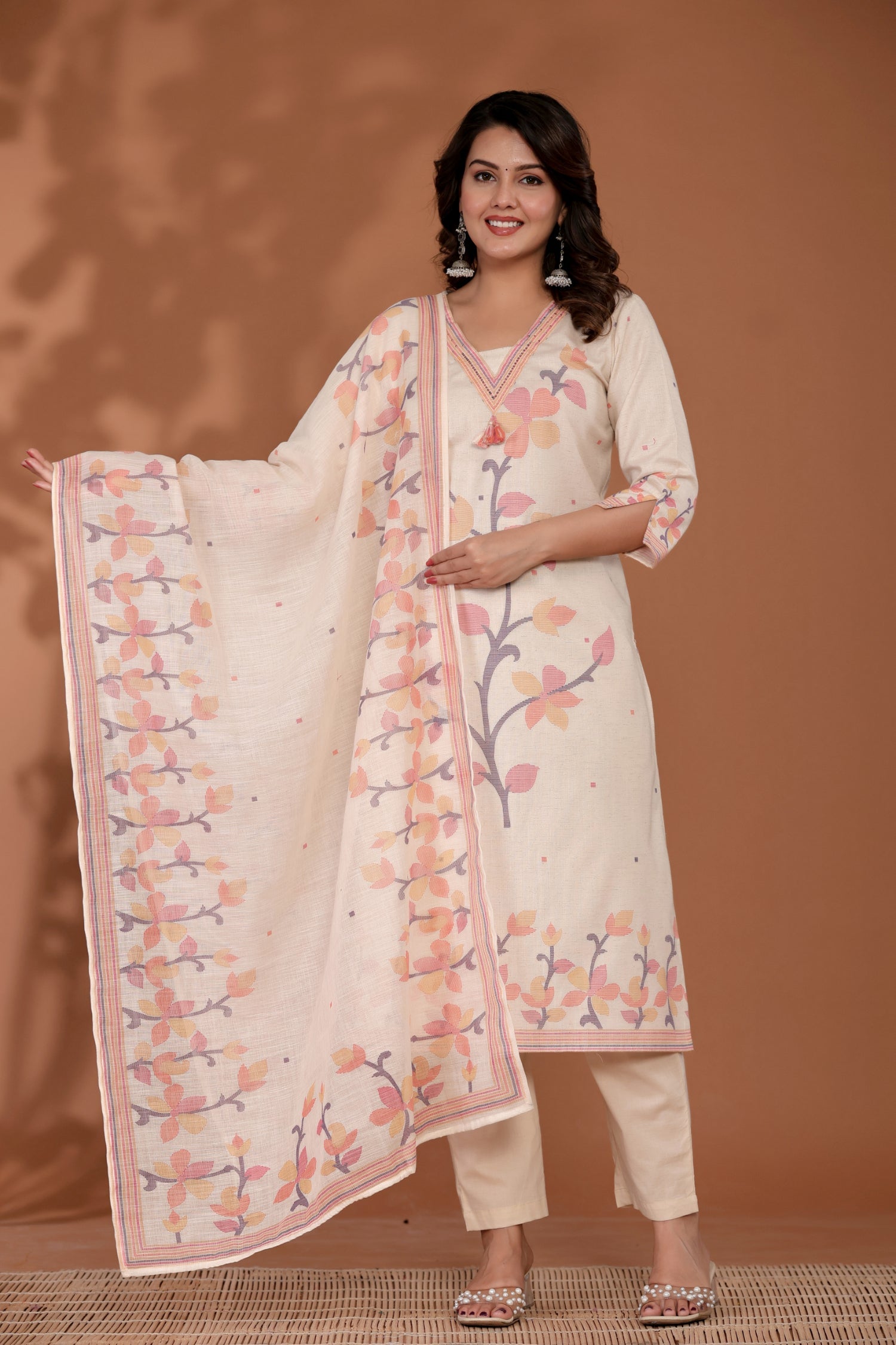 Printed Cotton Linen Kurta Set Stitched with Thread and Beads work
