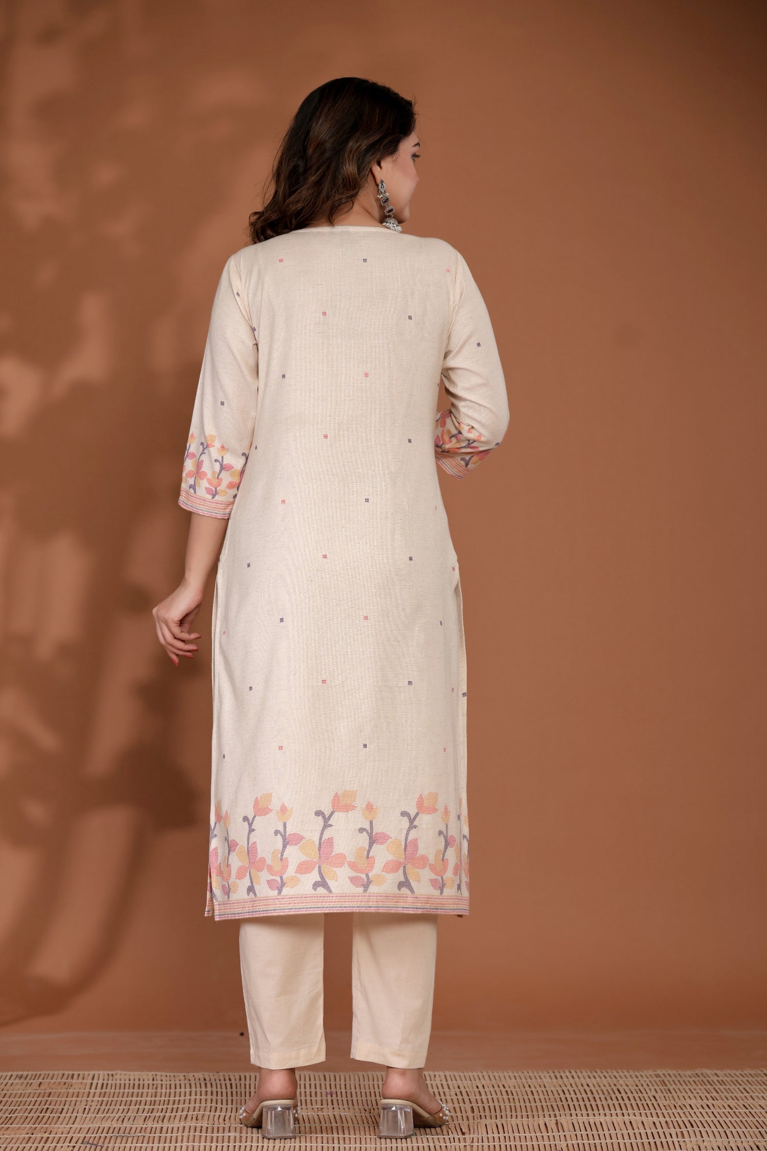 Printed Cotton Linen Kurta Set Stitched with Thread and Beads work
