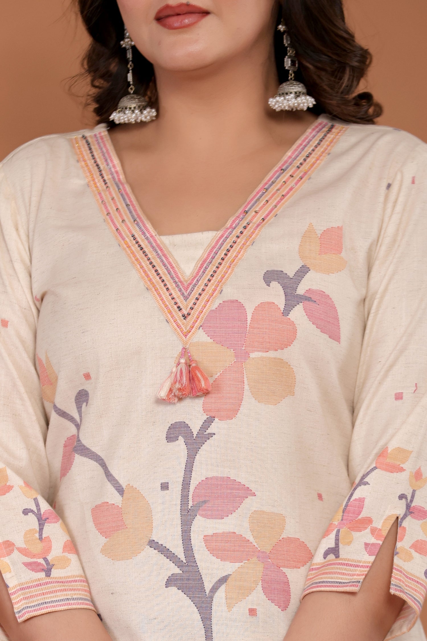 Printed Cotton Linen Kurta Set Stitched with Thread and Beads work