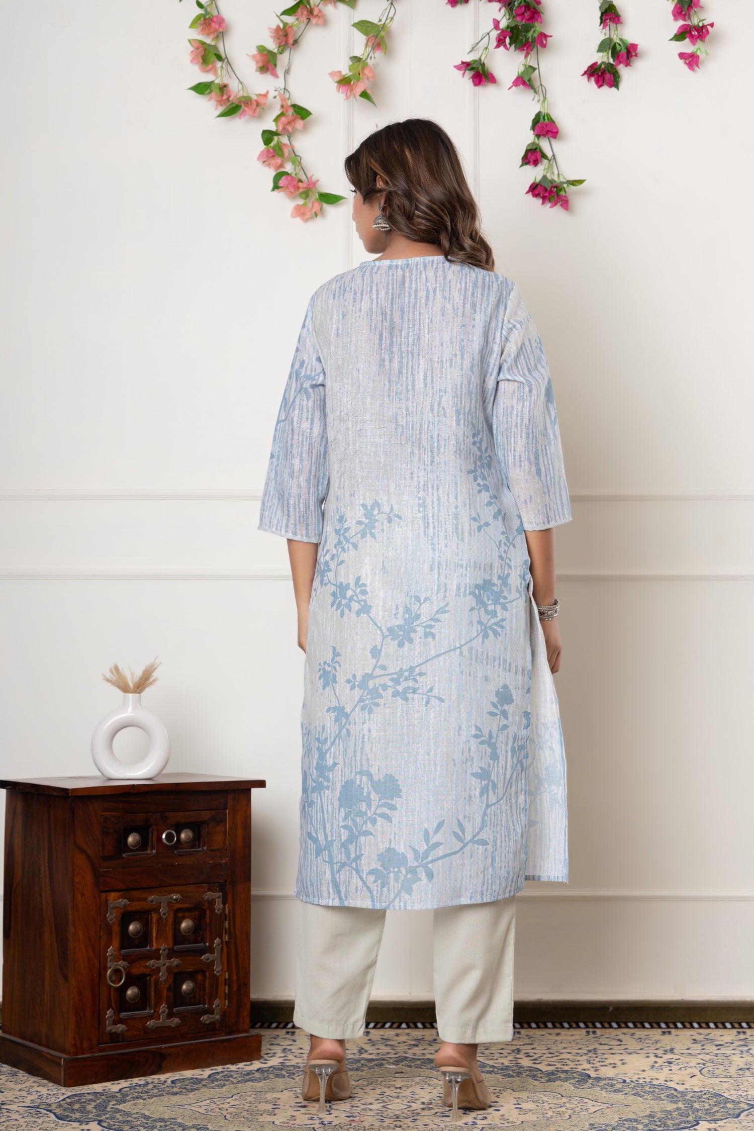Printed Linen Kurta Set Stitched with Pearl, Sequins and Thread work