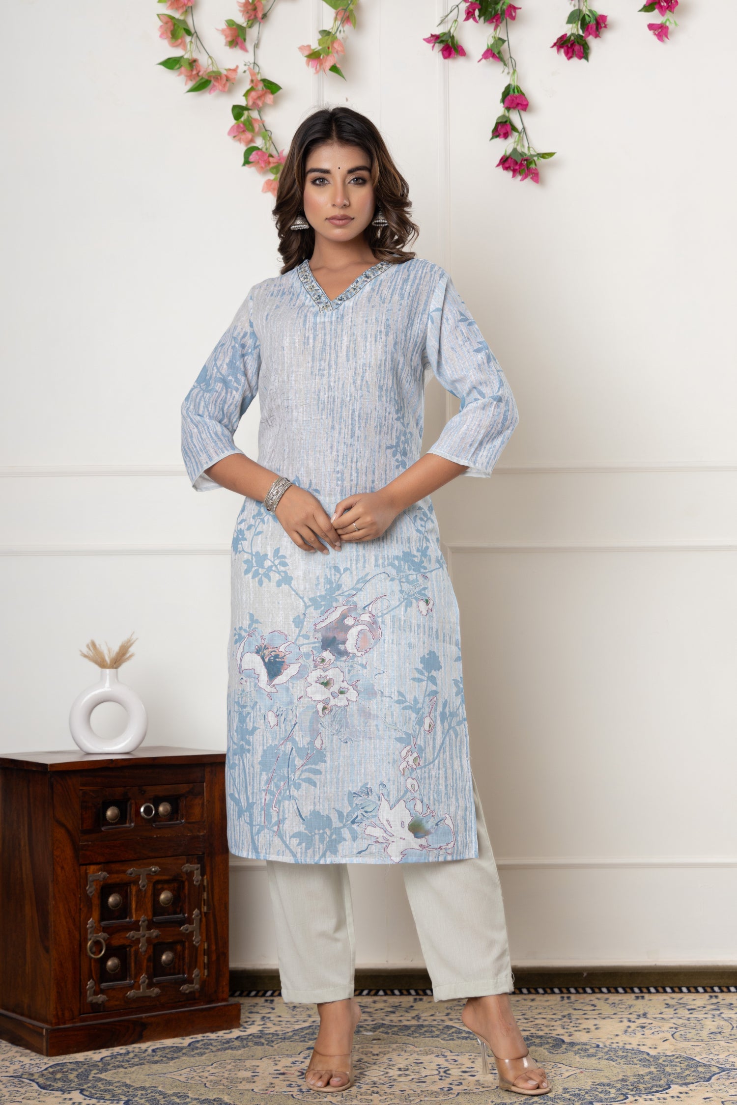 Printed Linen Kurta Set Stitched with Pearl, Sequins and Thread work