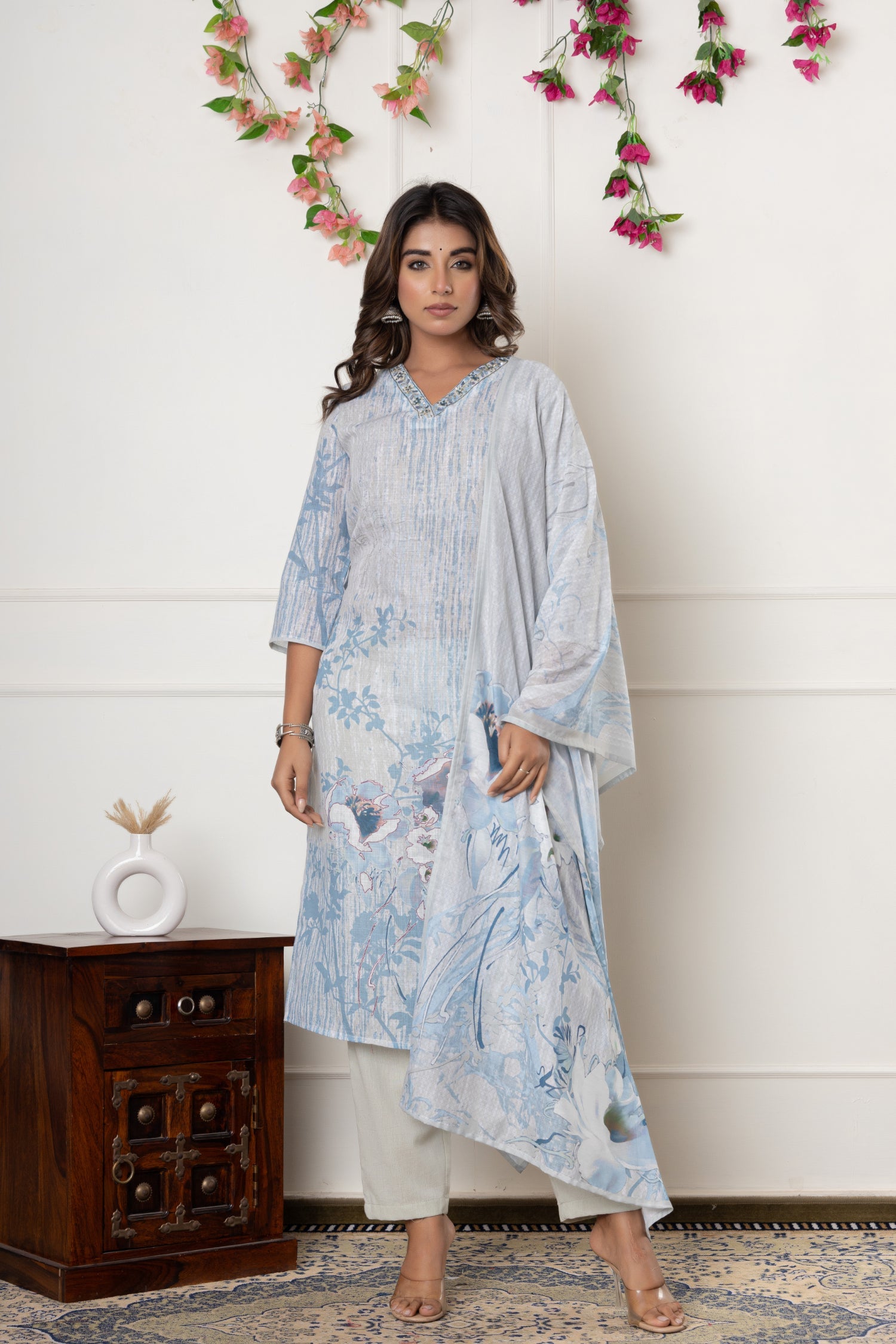 Printed Linen Kurta Set Stitched with Pearl, Sequins and Thread work