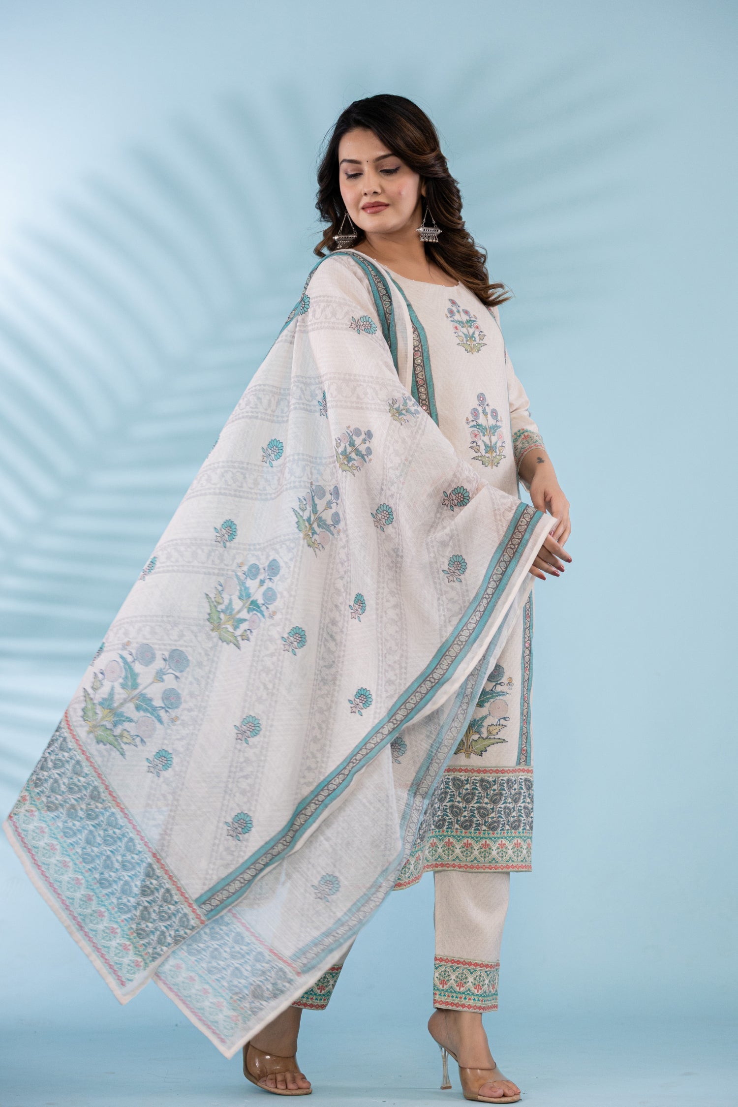 Printed Cotton Linen Kurta Set Stitched with Sequins and Thread work