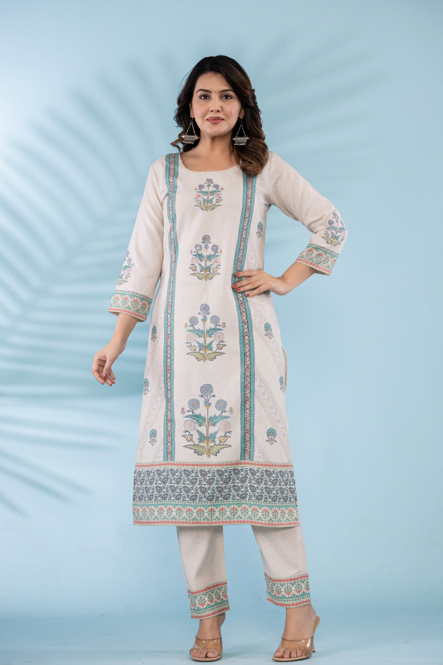 Printed Cotton Linen Kurta Set Stitched with Sequins and Thread work