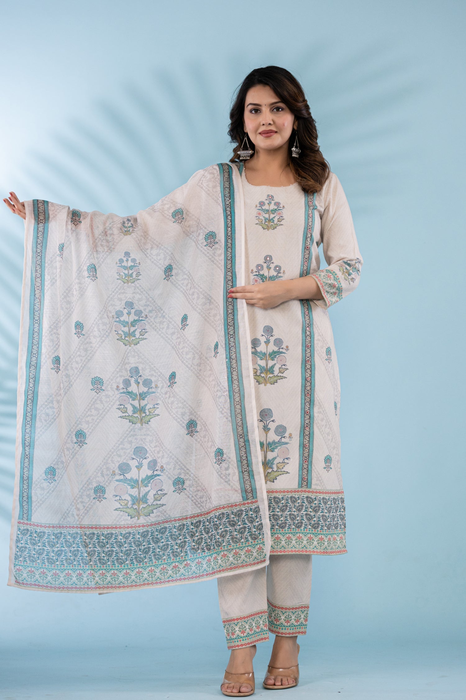 Printed Cotton Linen Kurta Set Stitched with Sequins and Thread work