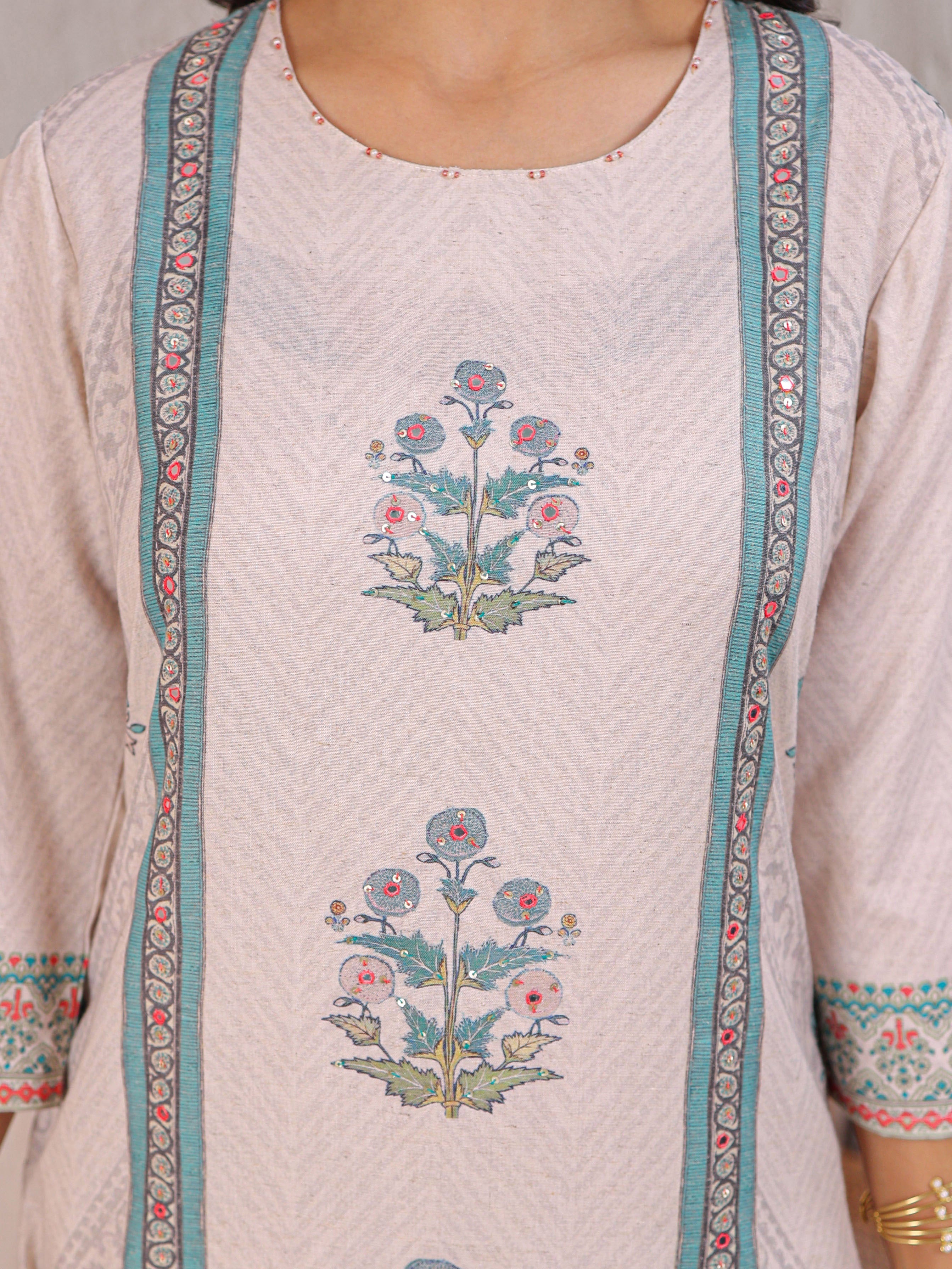 Printed Cotton Kurta Set Stitched with Sequins and Thread work