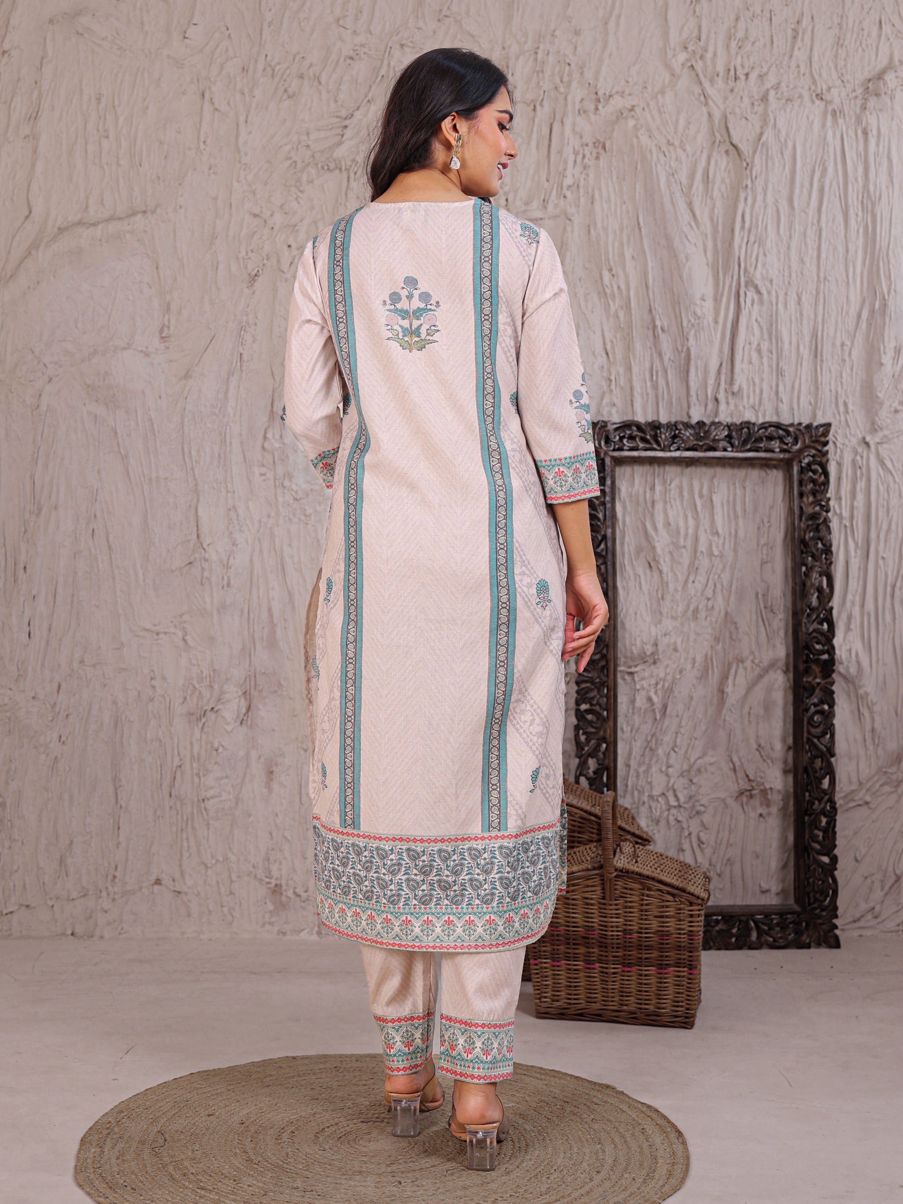 Printed Cotton Kurta Set Stitched with Sequins and Thread work